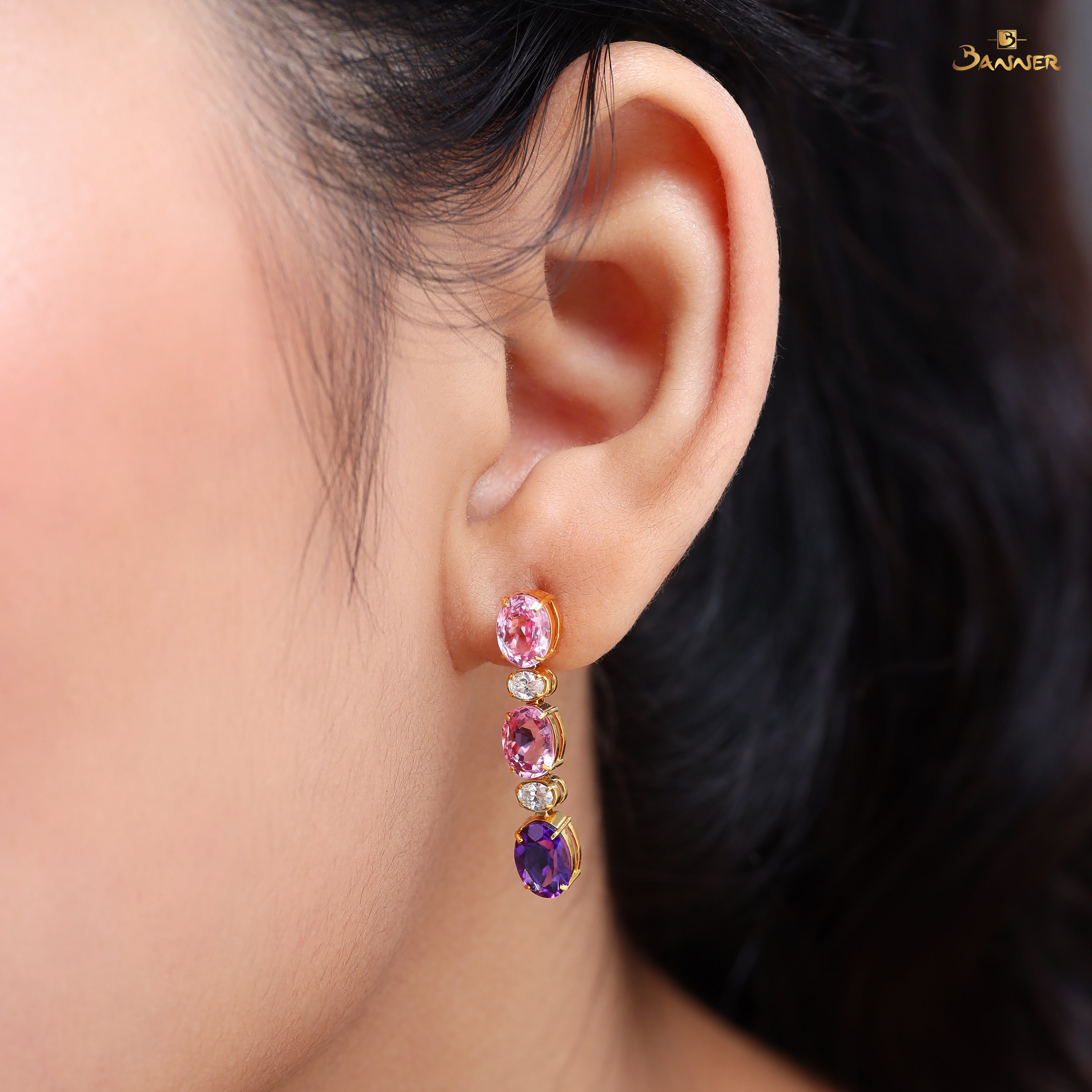 Pink Spinel , Amethyst and Diamond Tennis Earrings