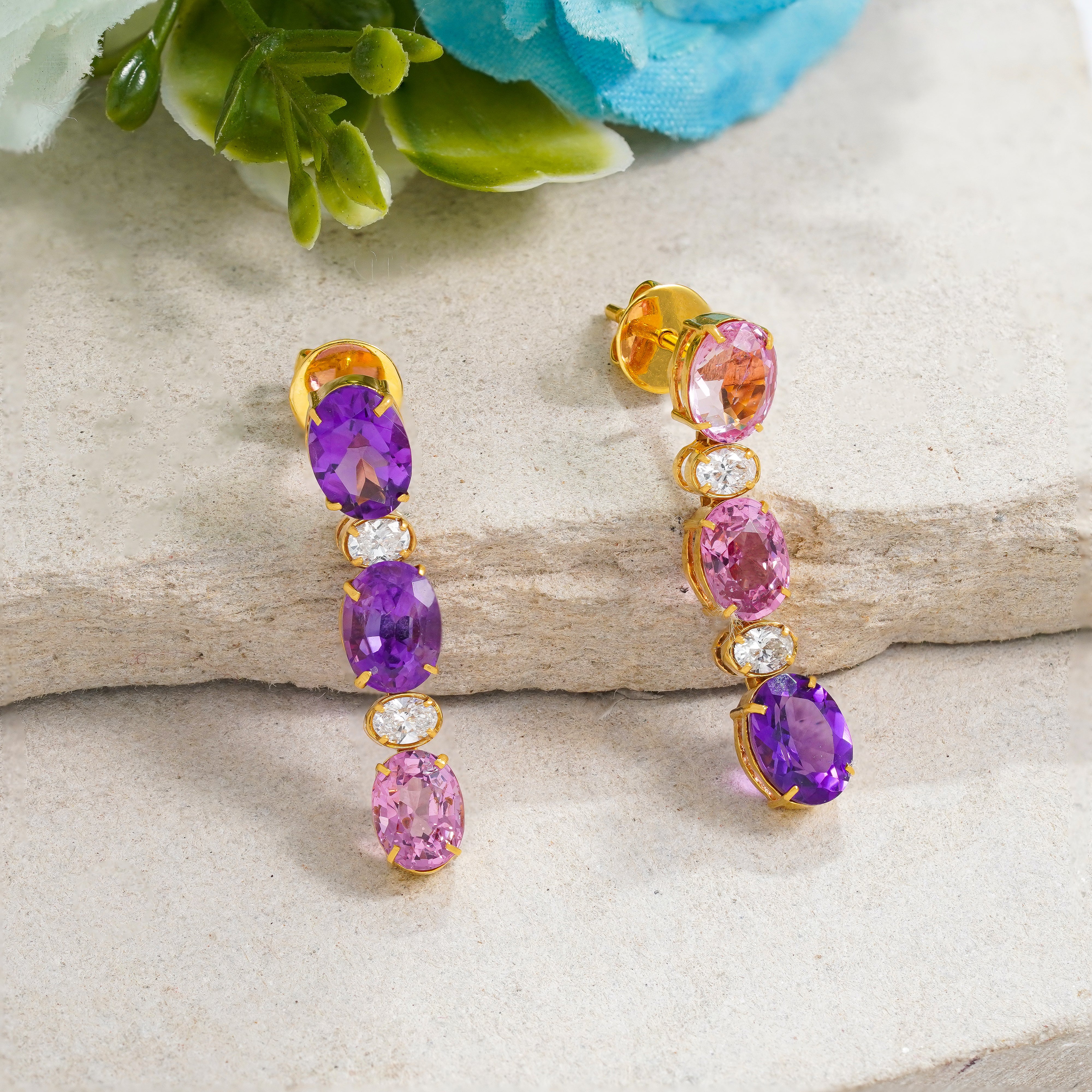 Pink Spinel , Amethyst and Diamond Tennis Earrings