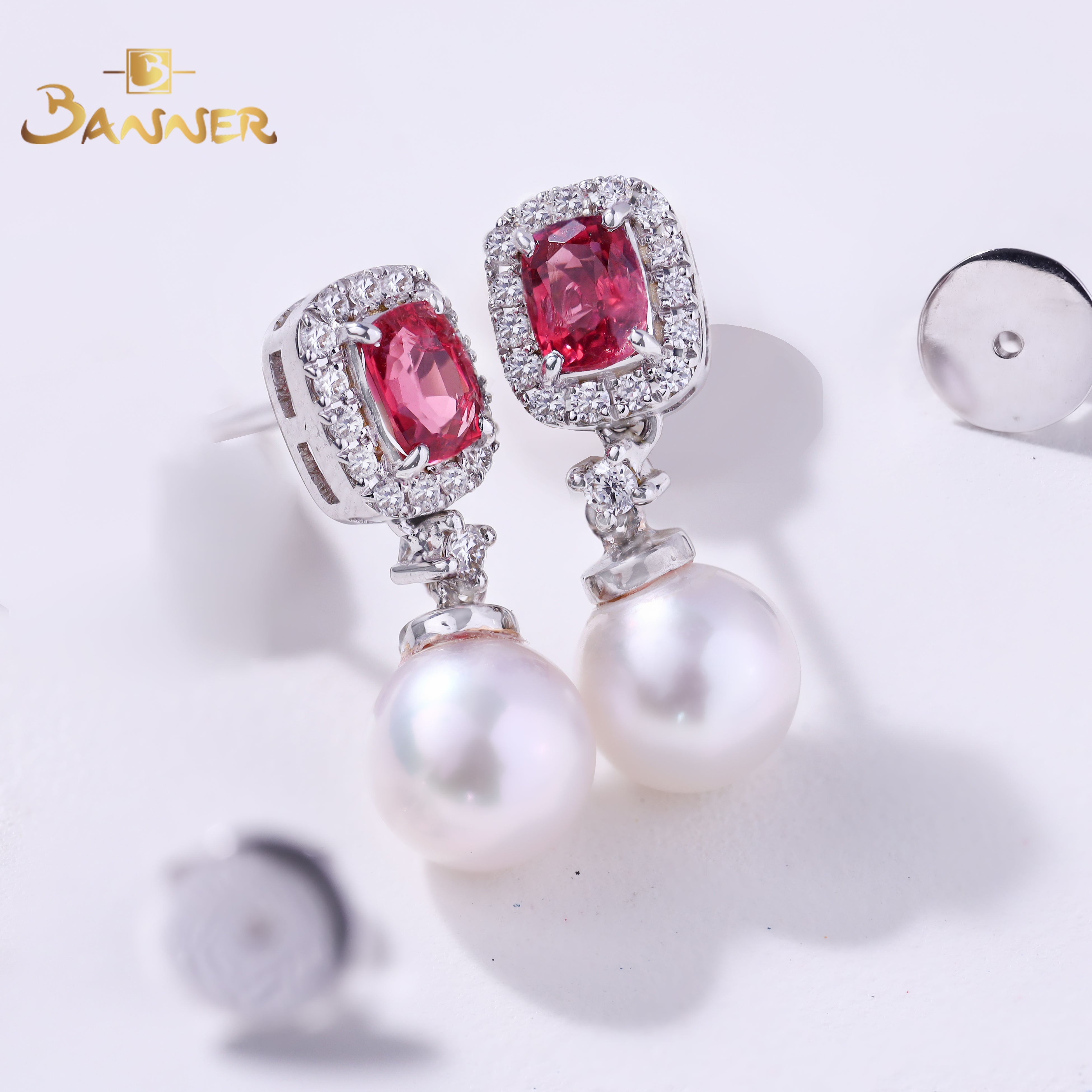Pink Spinel , Pearl and Diamond Toi - Et - Moi Earrings