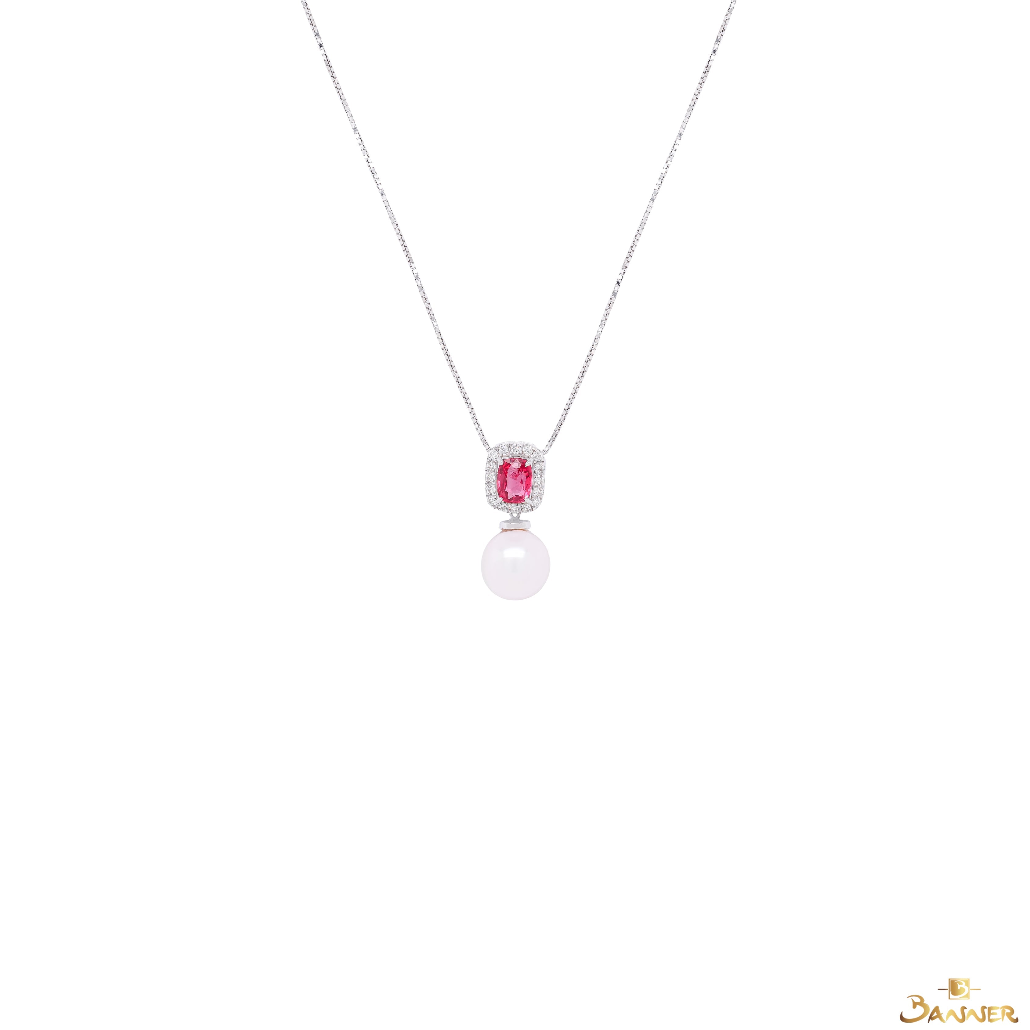 Pink Spinel , Pearl and Diamond Toi - Et - Moi Pendant