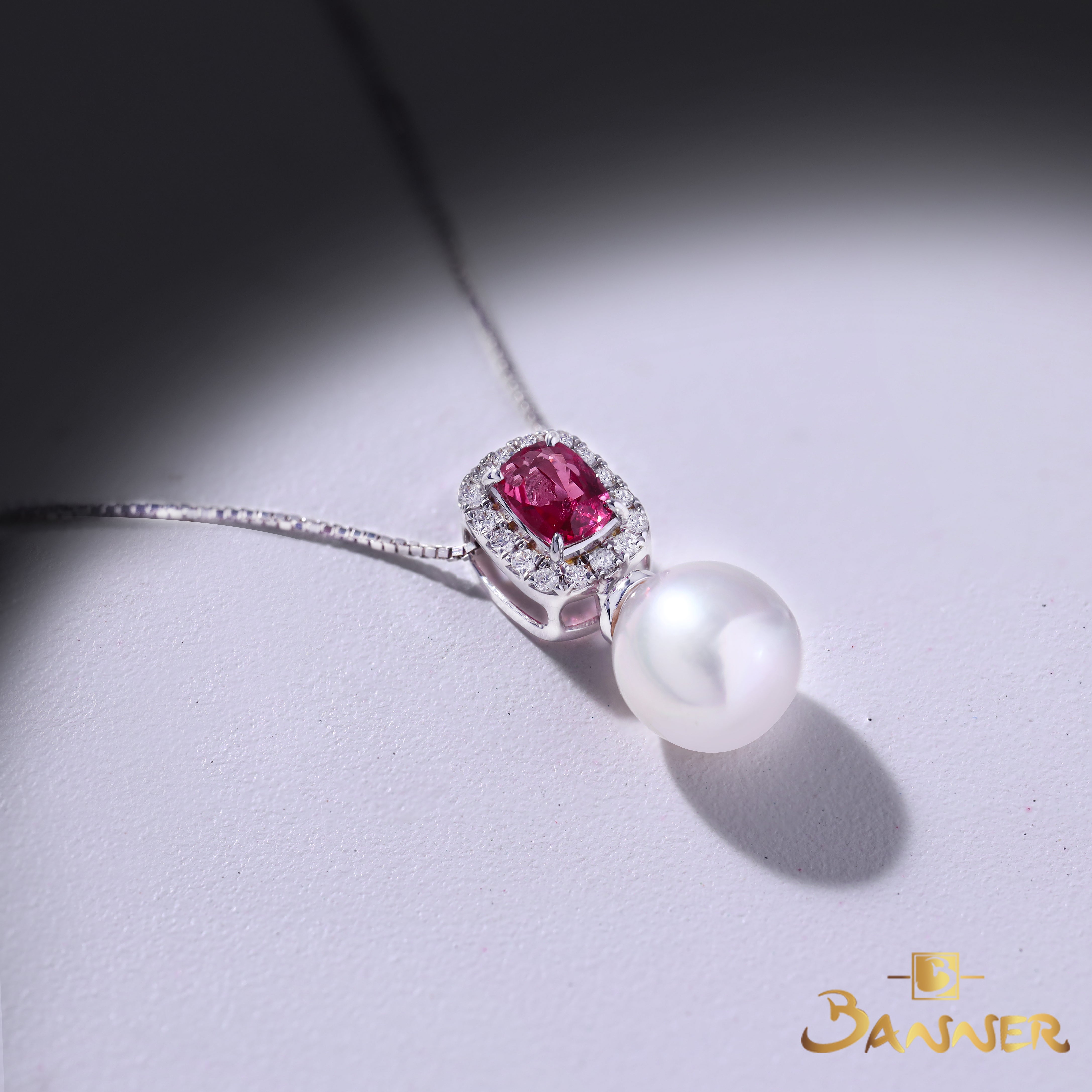 Pink Spinel , Pearl and Diamond Toi - Et - Moi Pendant