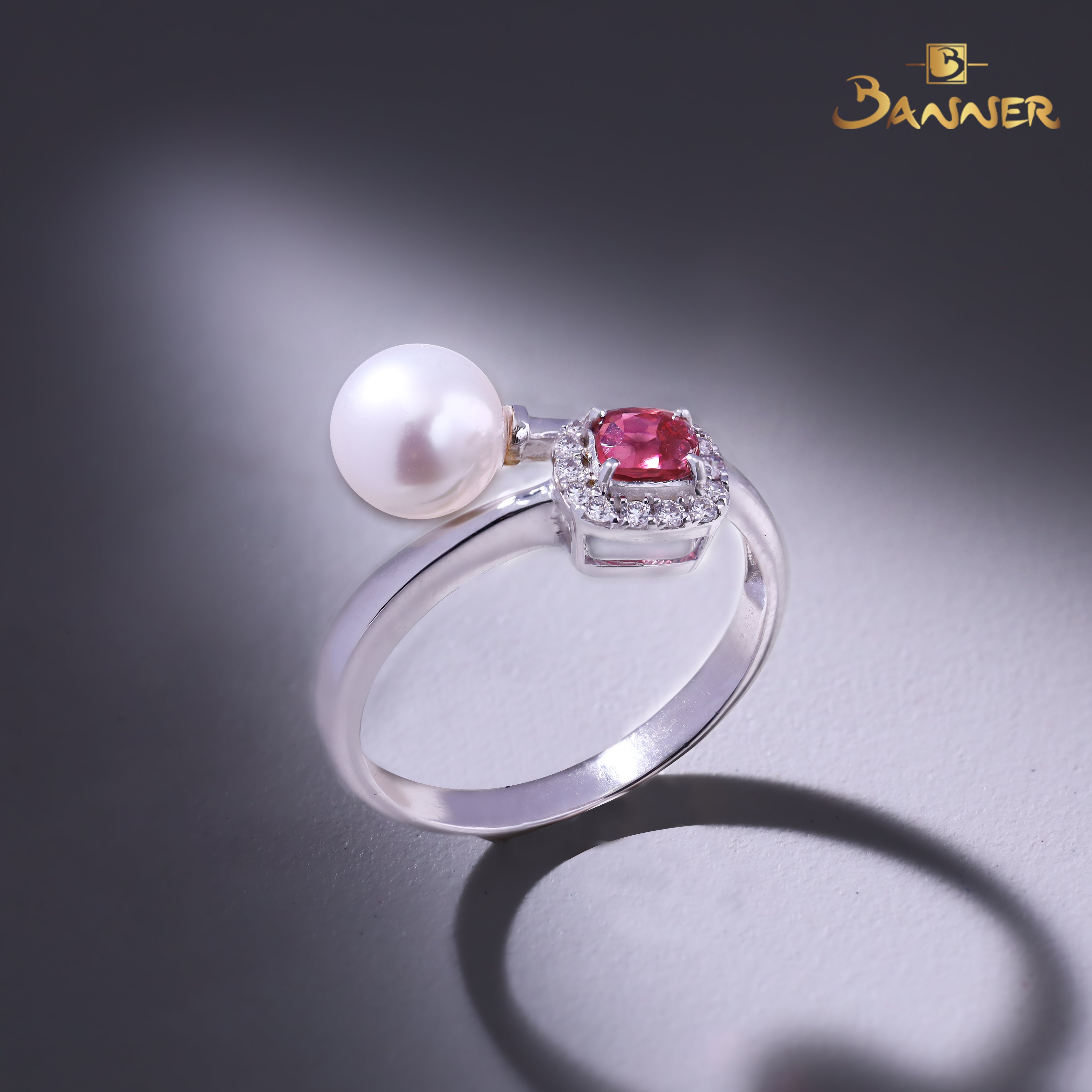 Pink Spinel , Pearl and Diamond Toi - Et - Moi Ring