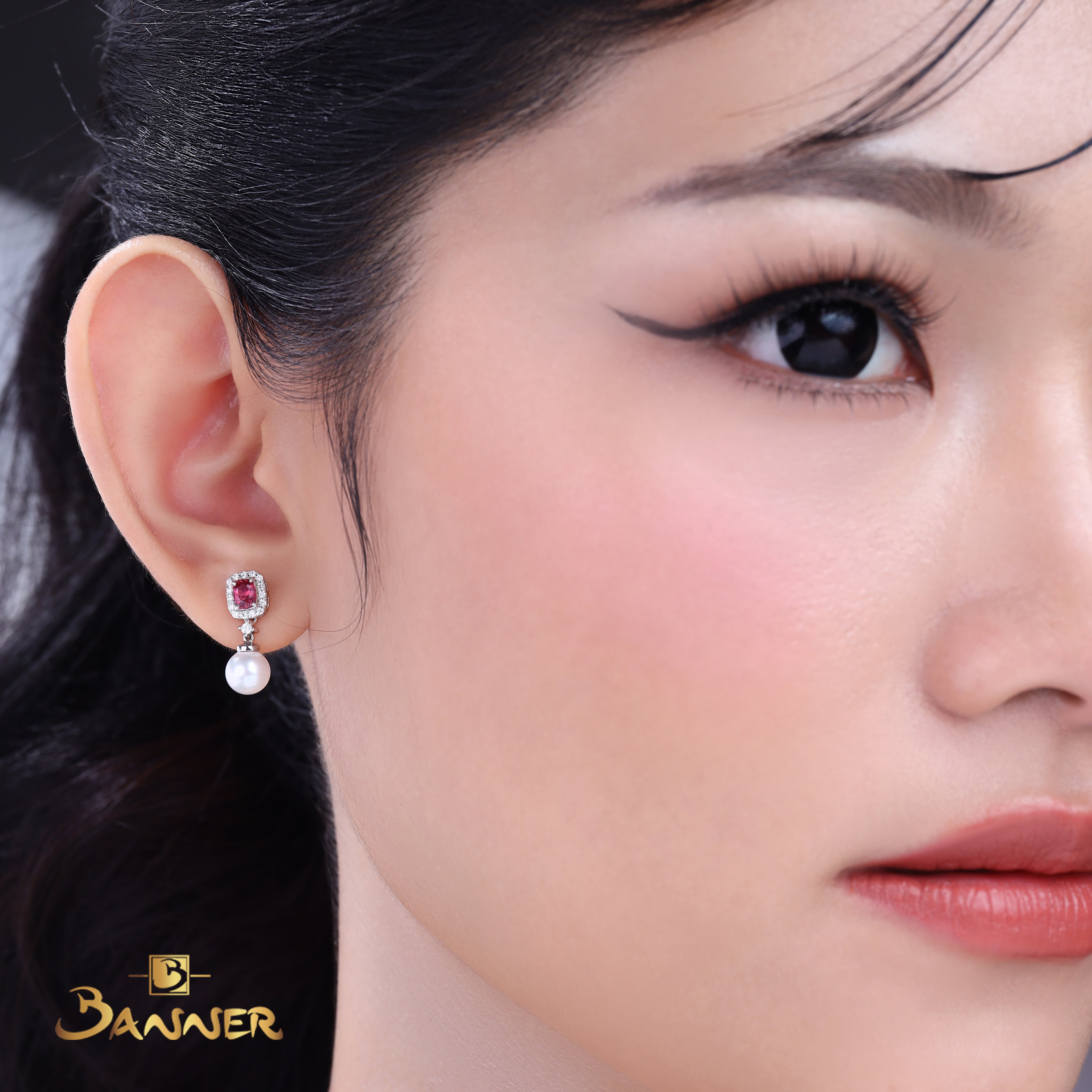 Pink Spinel , Pearl and Diamond Toi - Et - Moi Earrings