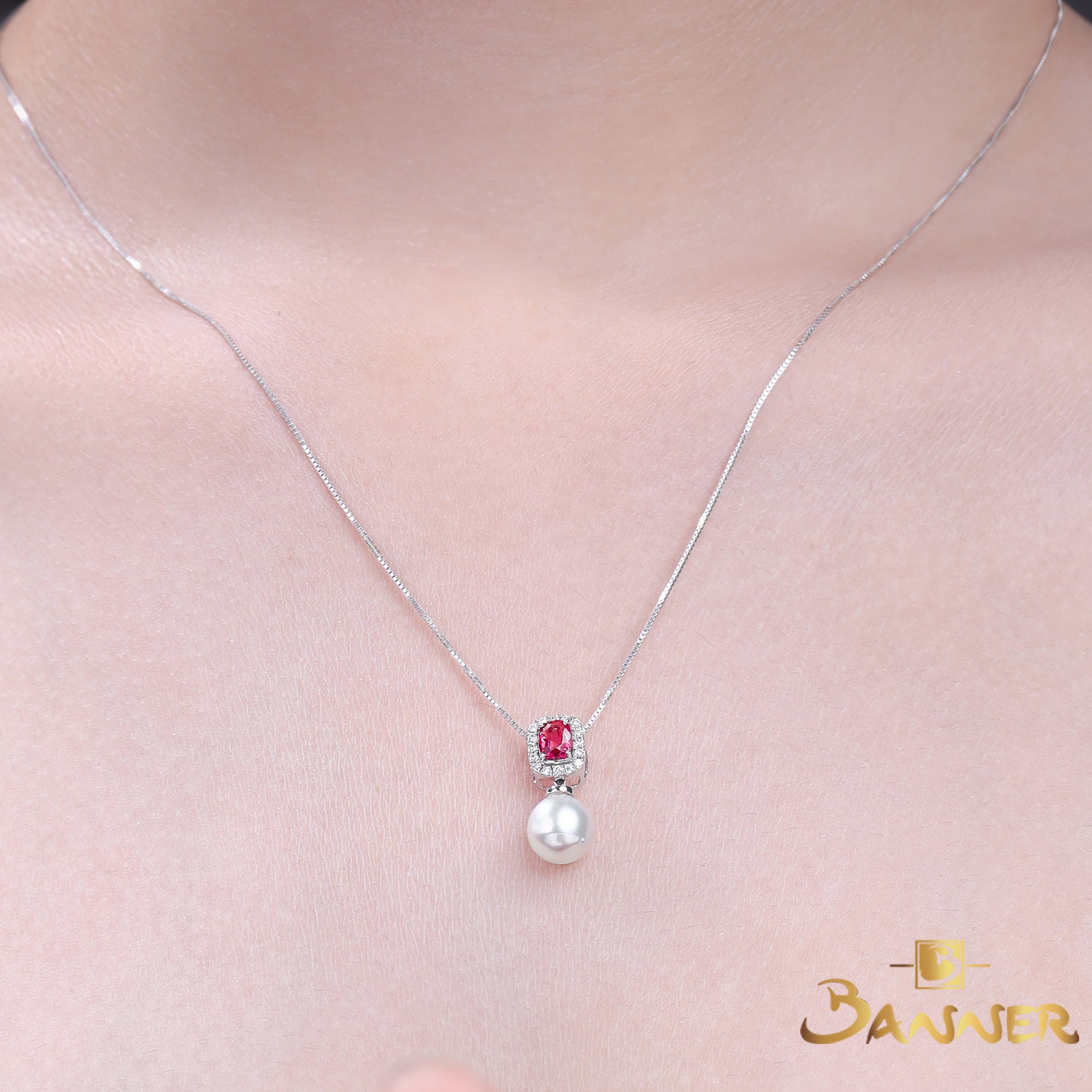 Pink Spinel , Pearl and Diamond Toi - Et - Moi Pendant