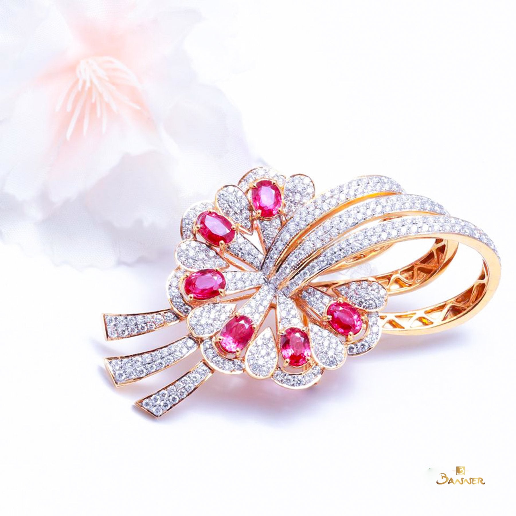 Ruby and Diamond Flower Brooch