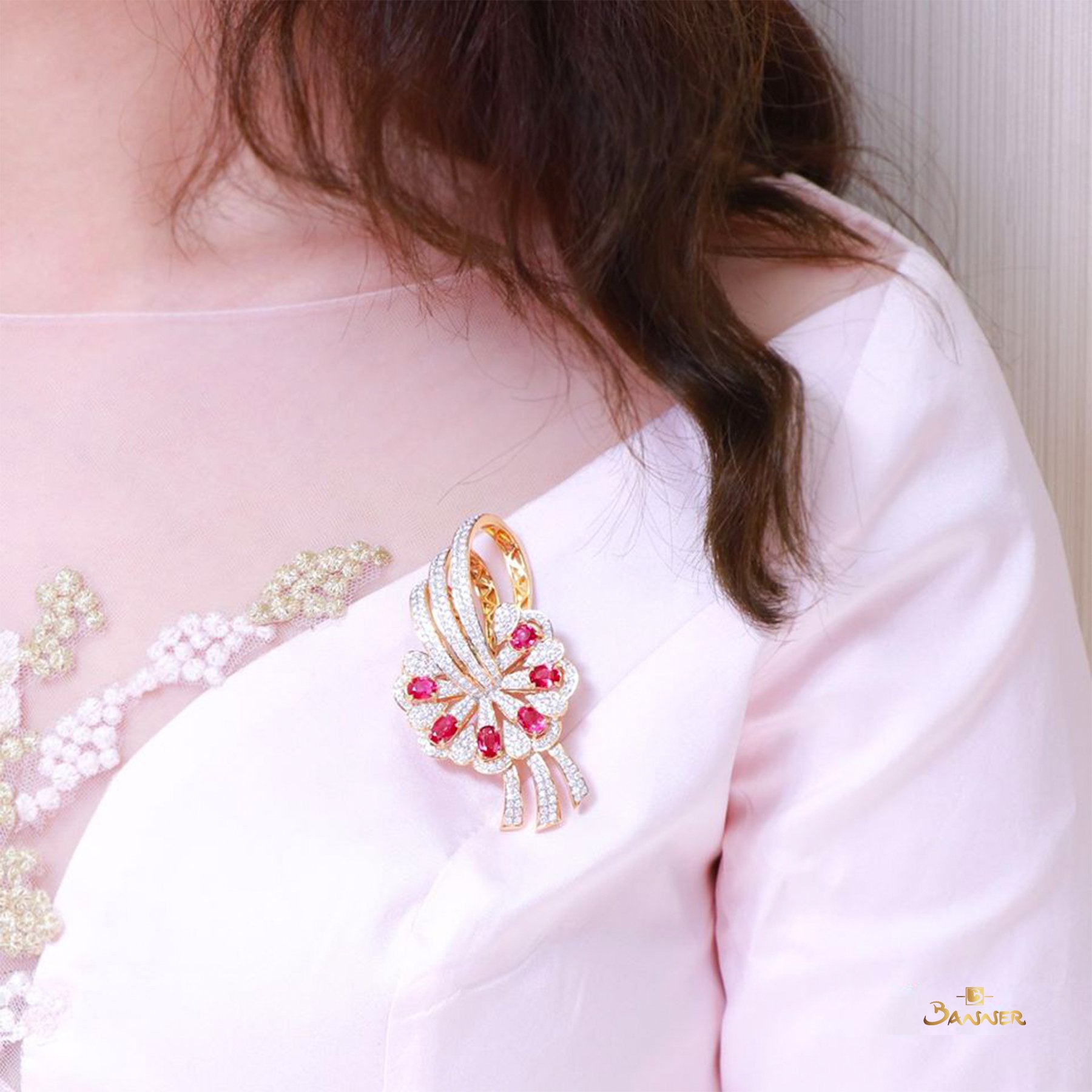 Ruby and Diamond Flower Brooch
