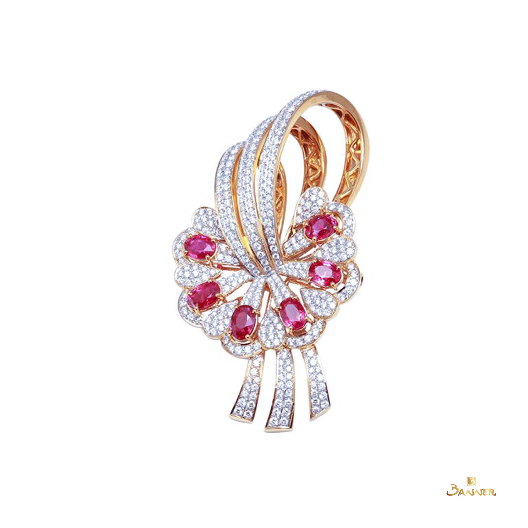 Ruby and Diamond Flower Brooch