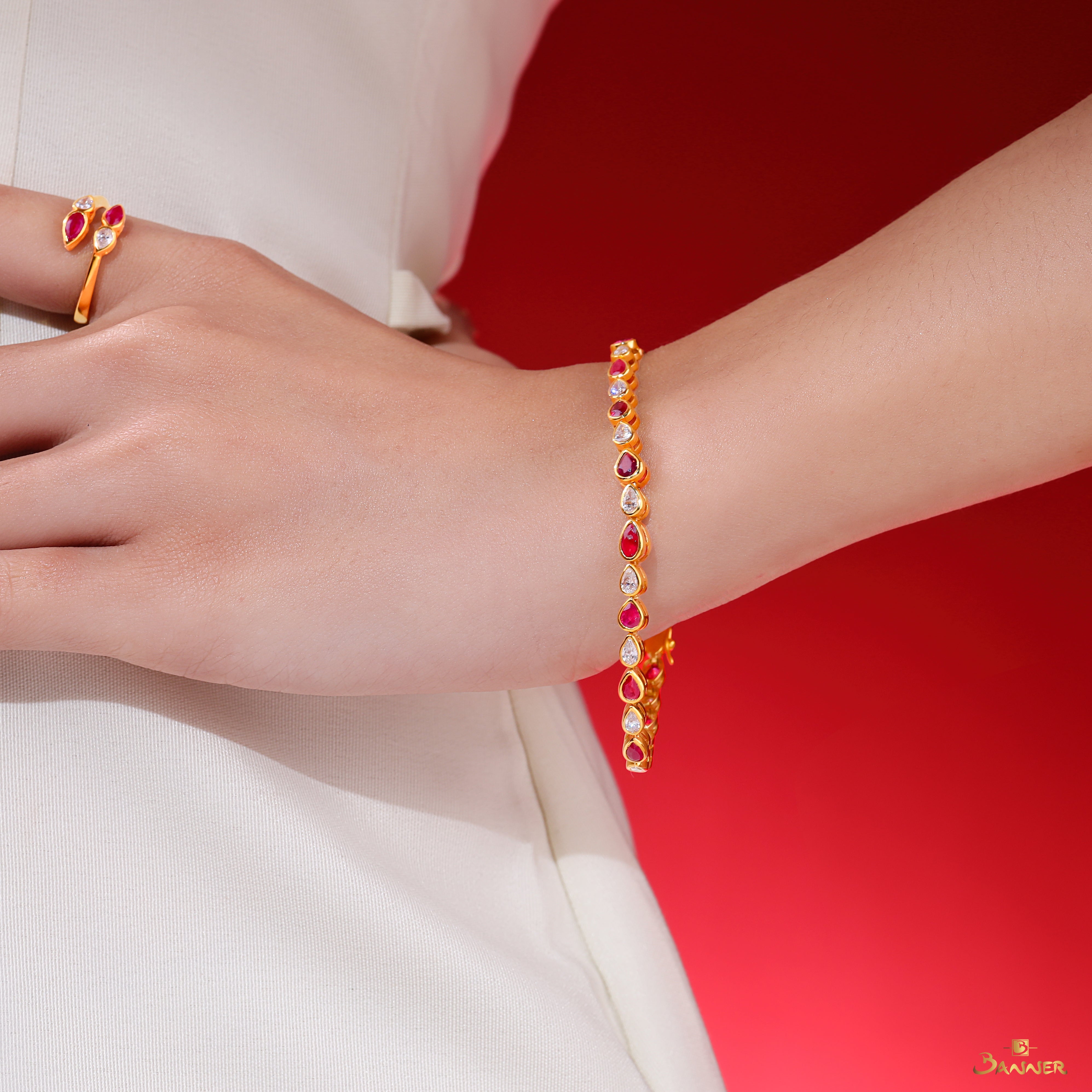 Ruby and Diamond Pear Bezel Bracelet