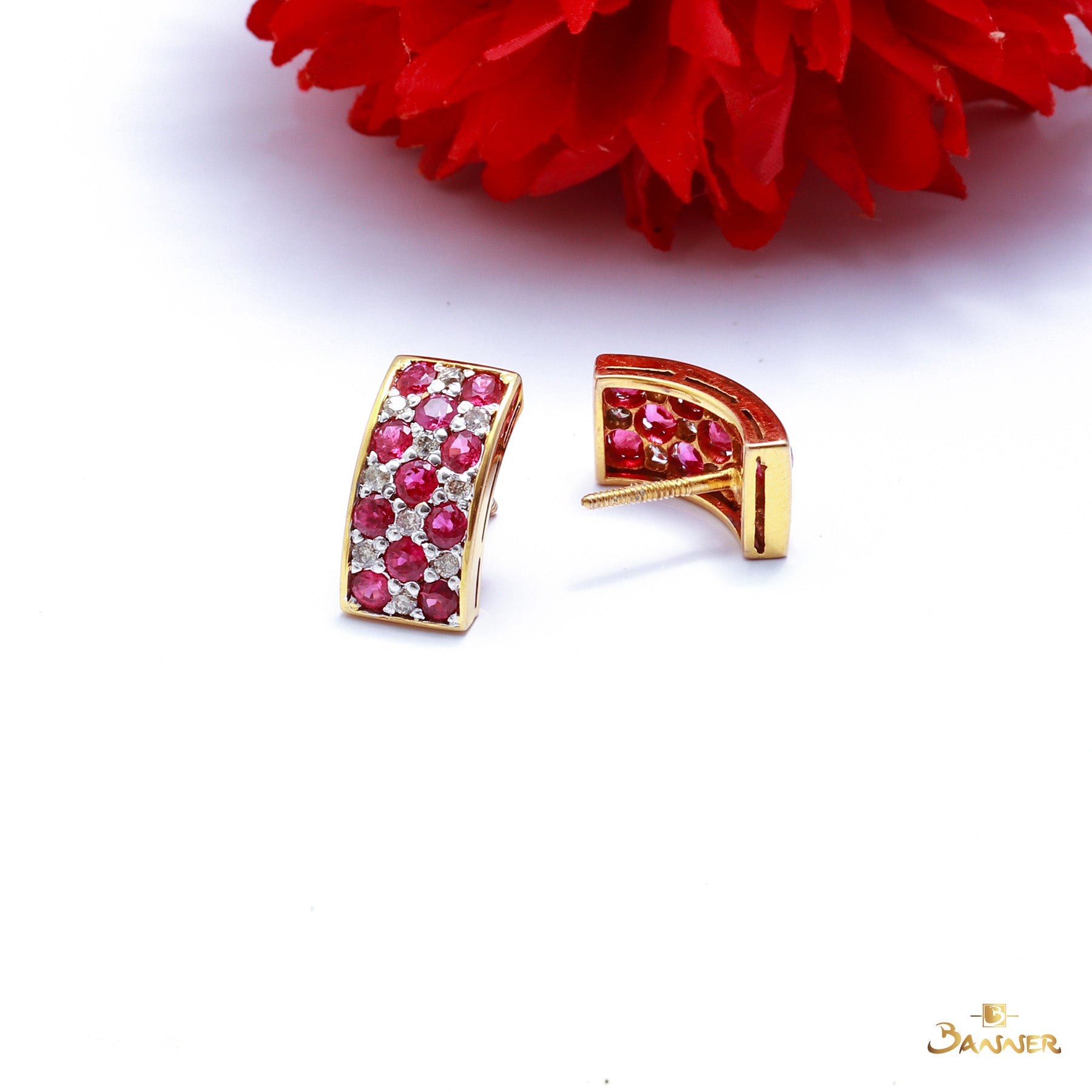 Ruby and Diamond Checkered Stud Earrings