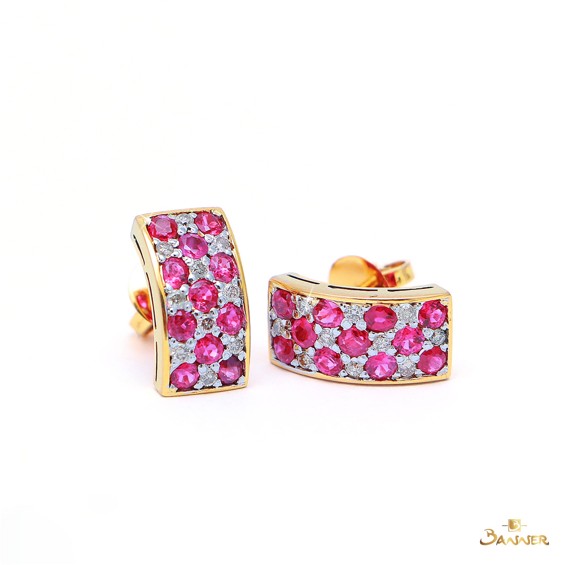 Ruby and Diamond Checkered Stud Earrings