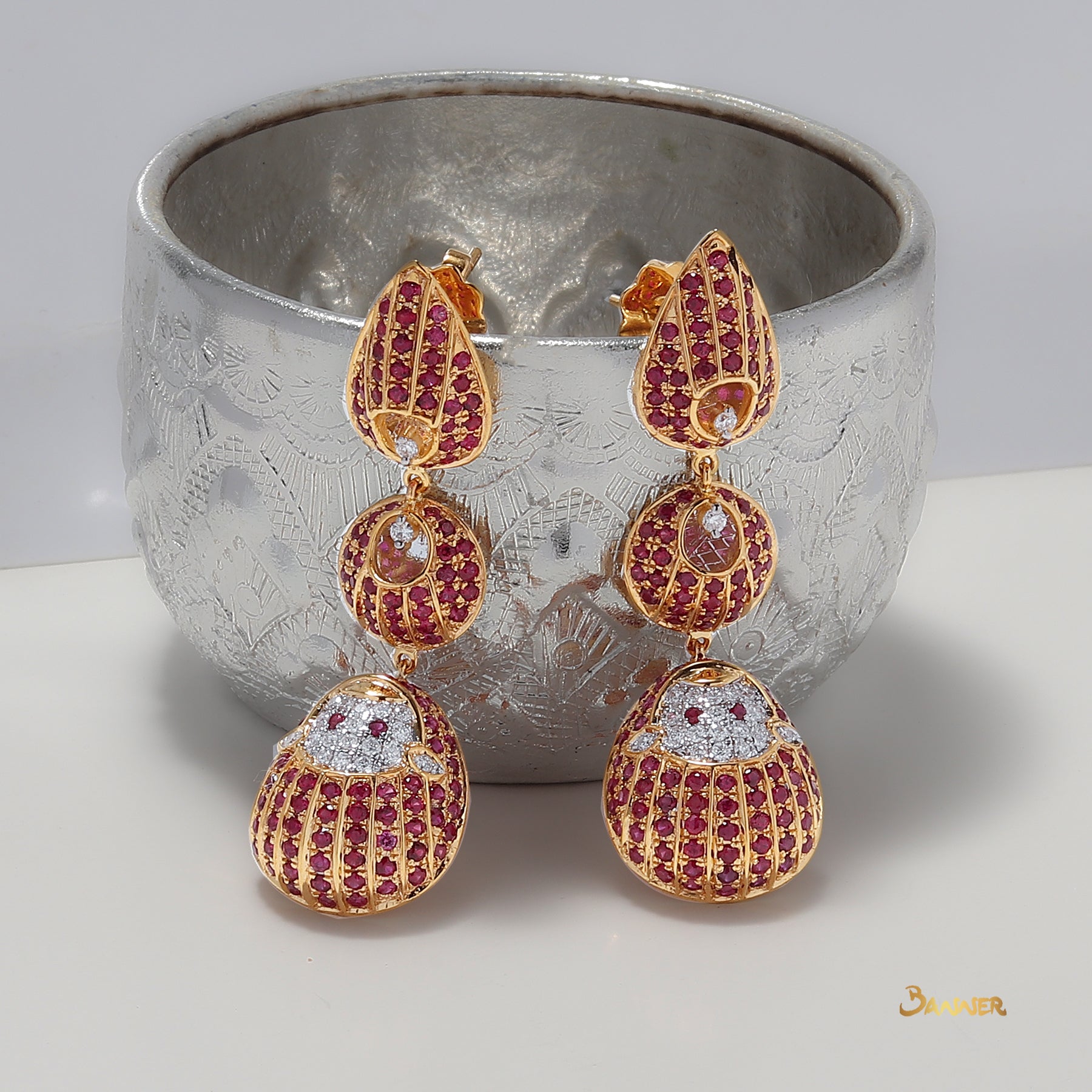 Ruby and Diamond Pyit-Taing-Daung 3-step Dangle Earrings