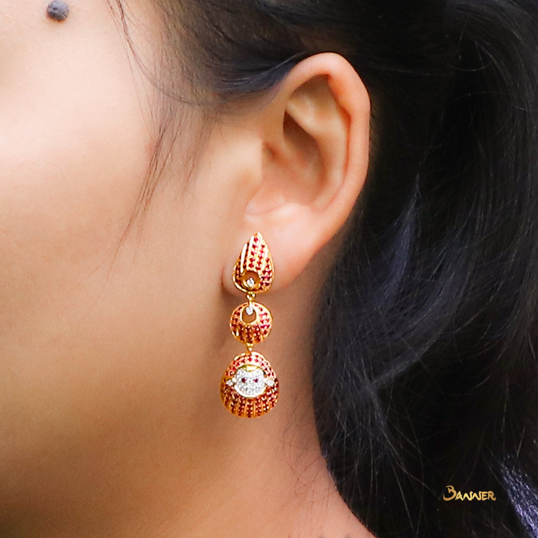 Ruby and Diamond Pyit-Taing-Daung 3-step Dangle Earrings