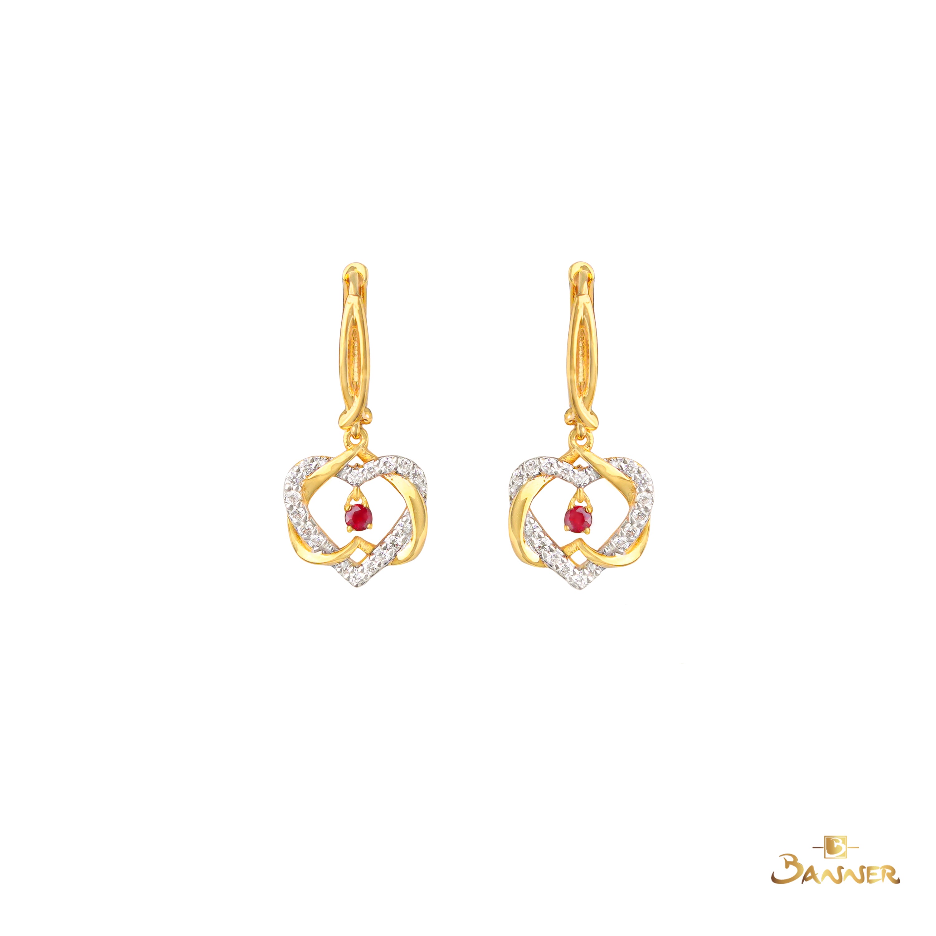 Ruby and Diamond Heart Dangle Earrings