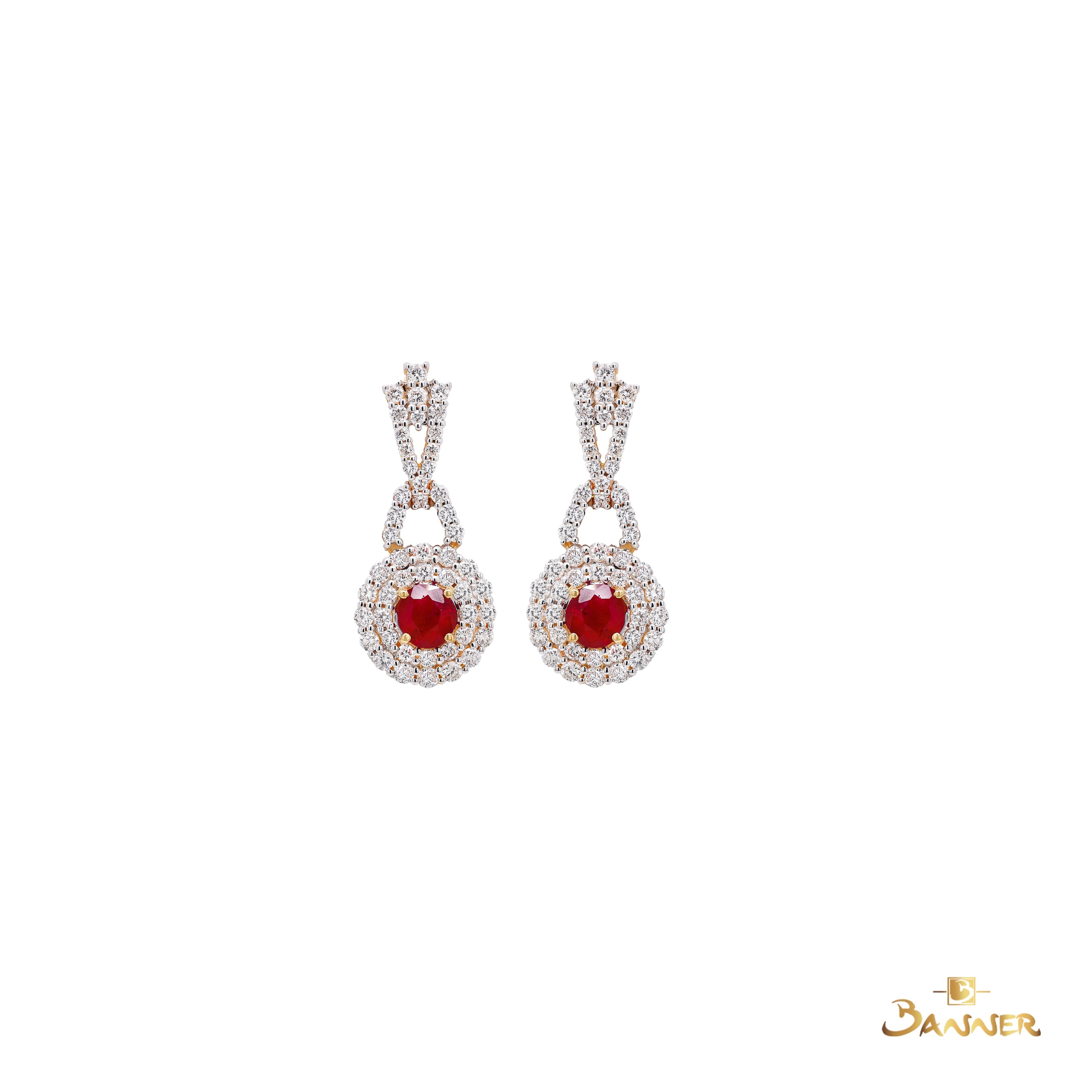 Ruby and Diamond Halo Dangle Earrings