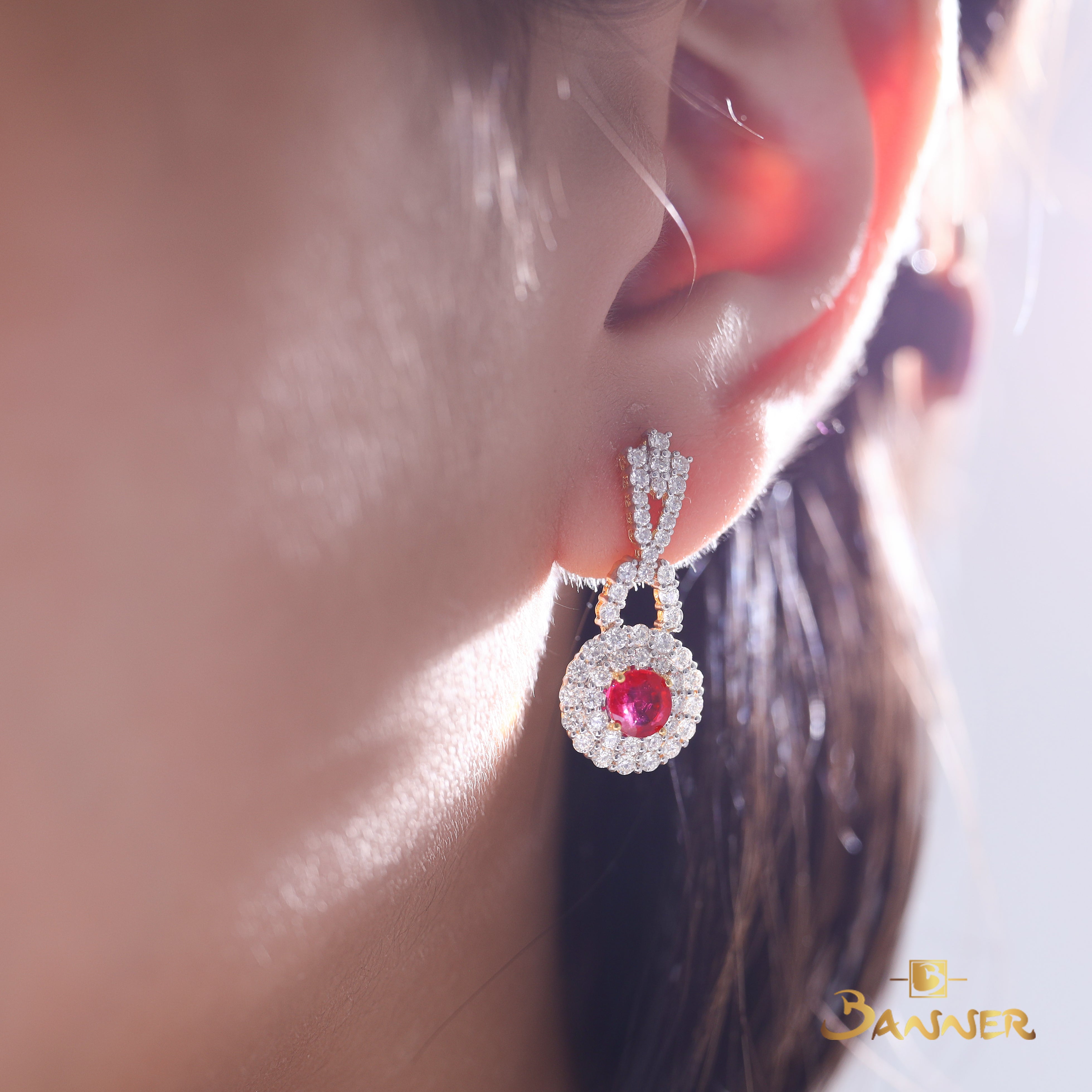 Ruby and Diamond Halo Dangle Earrings