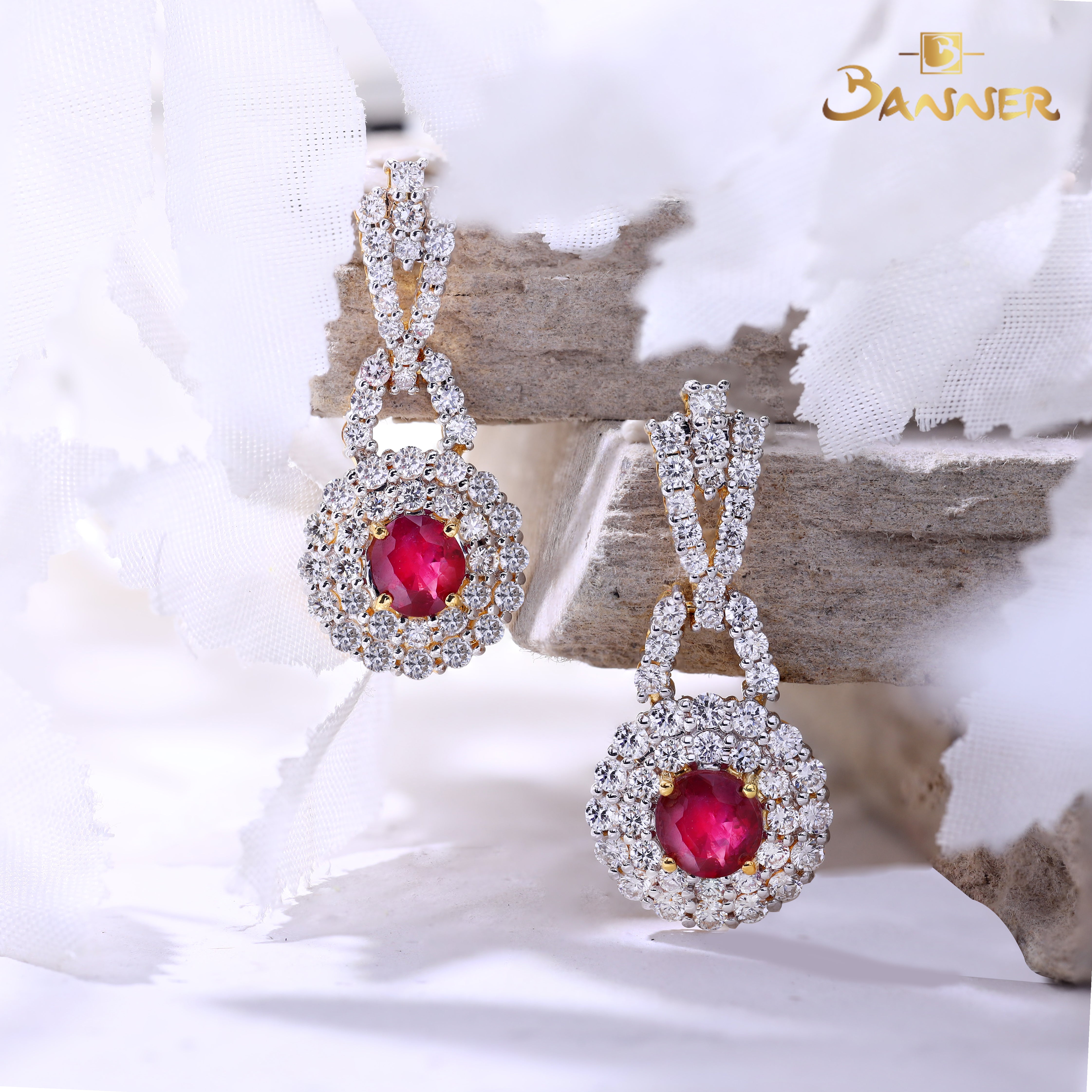 Ruby and Diamond Halo Dangle Earrings