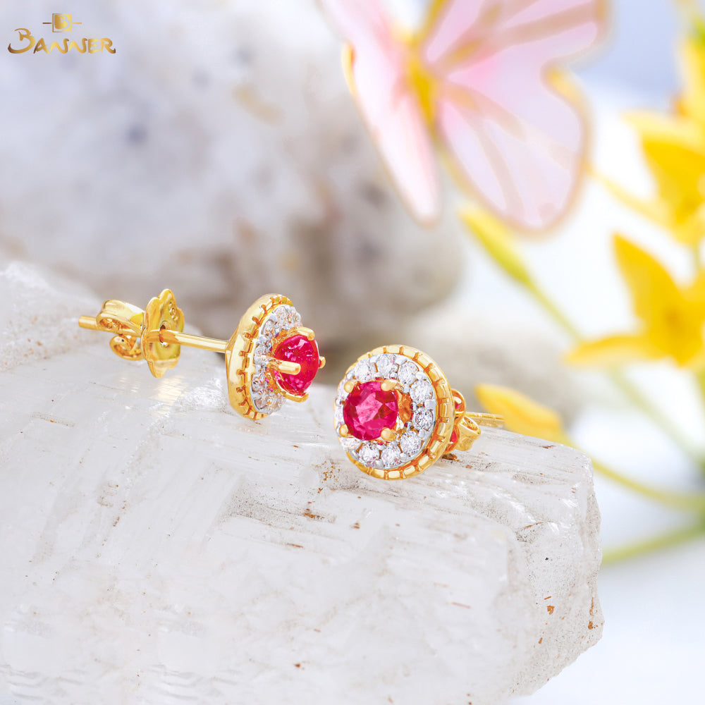 Ruby and Diamond Orbit Halo Earrings