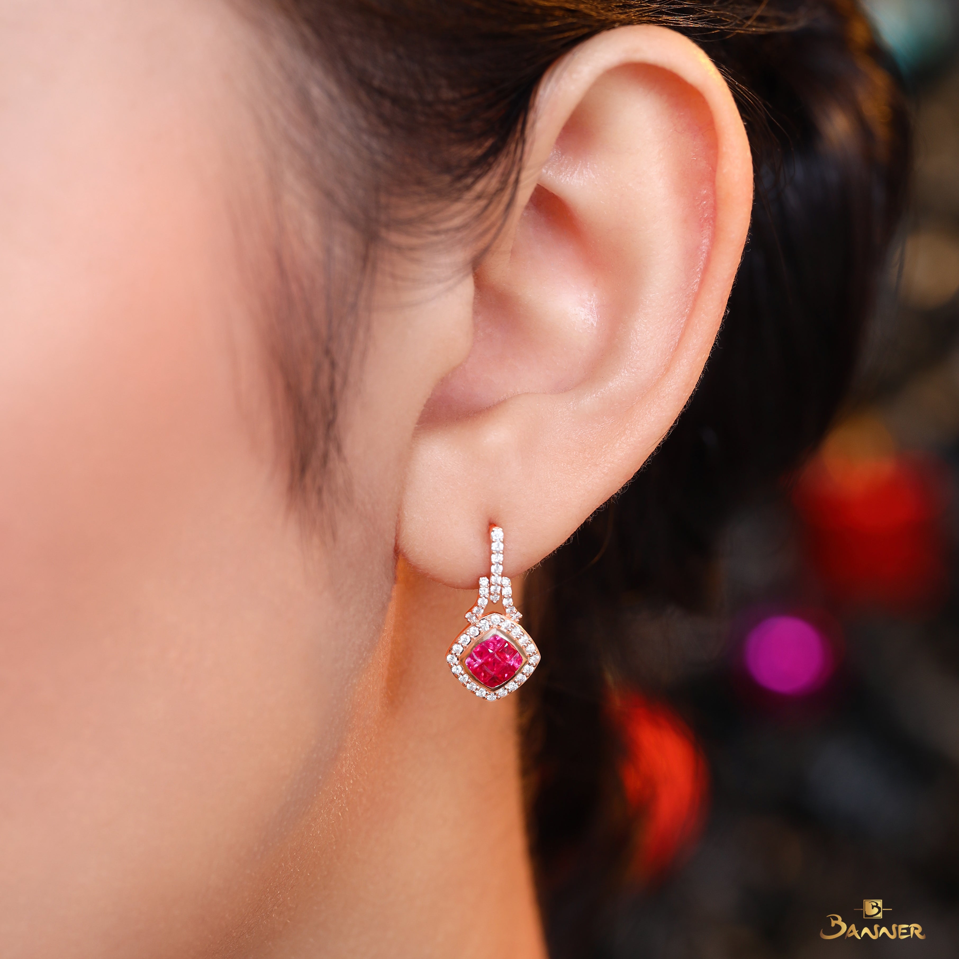 Ruby and Diamond Halo Dangle Earrings