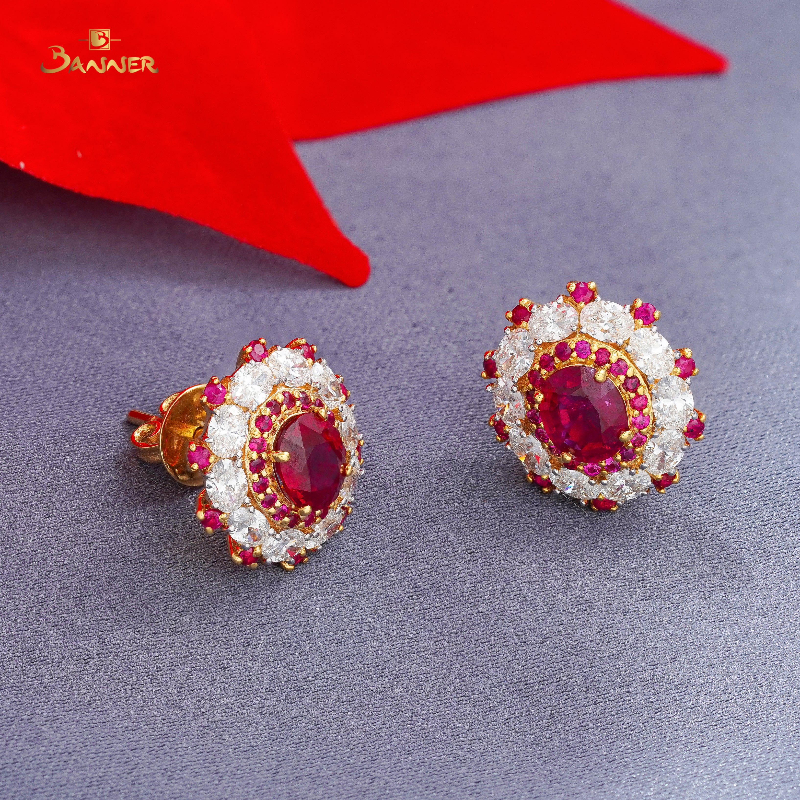 Ruby and Oval Diamond Halo Earrings