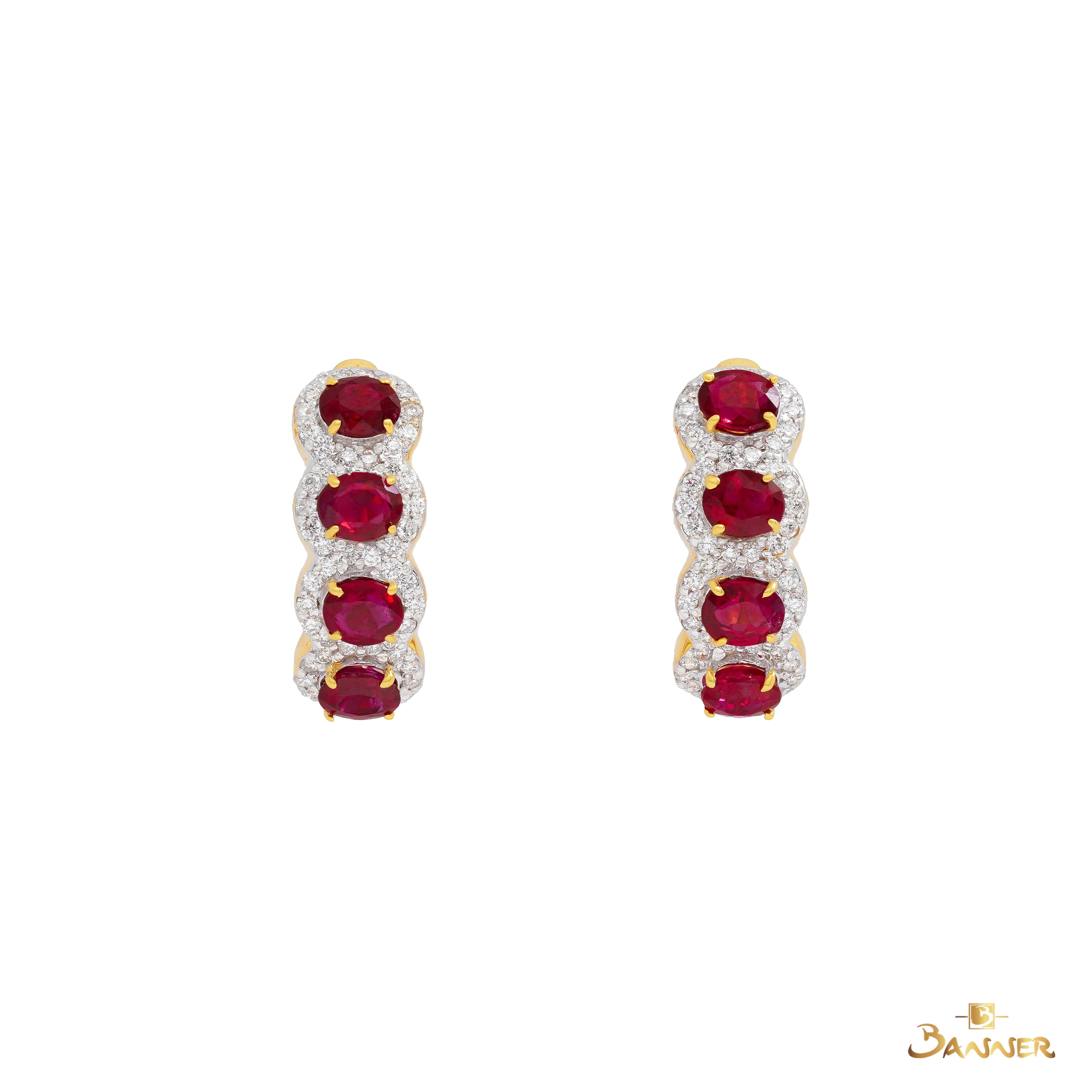 Ruby and Diamond Halo Huggie Earrings