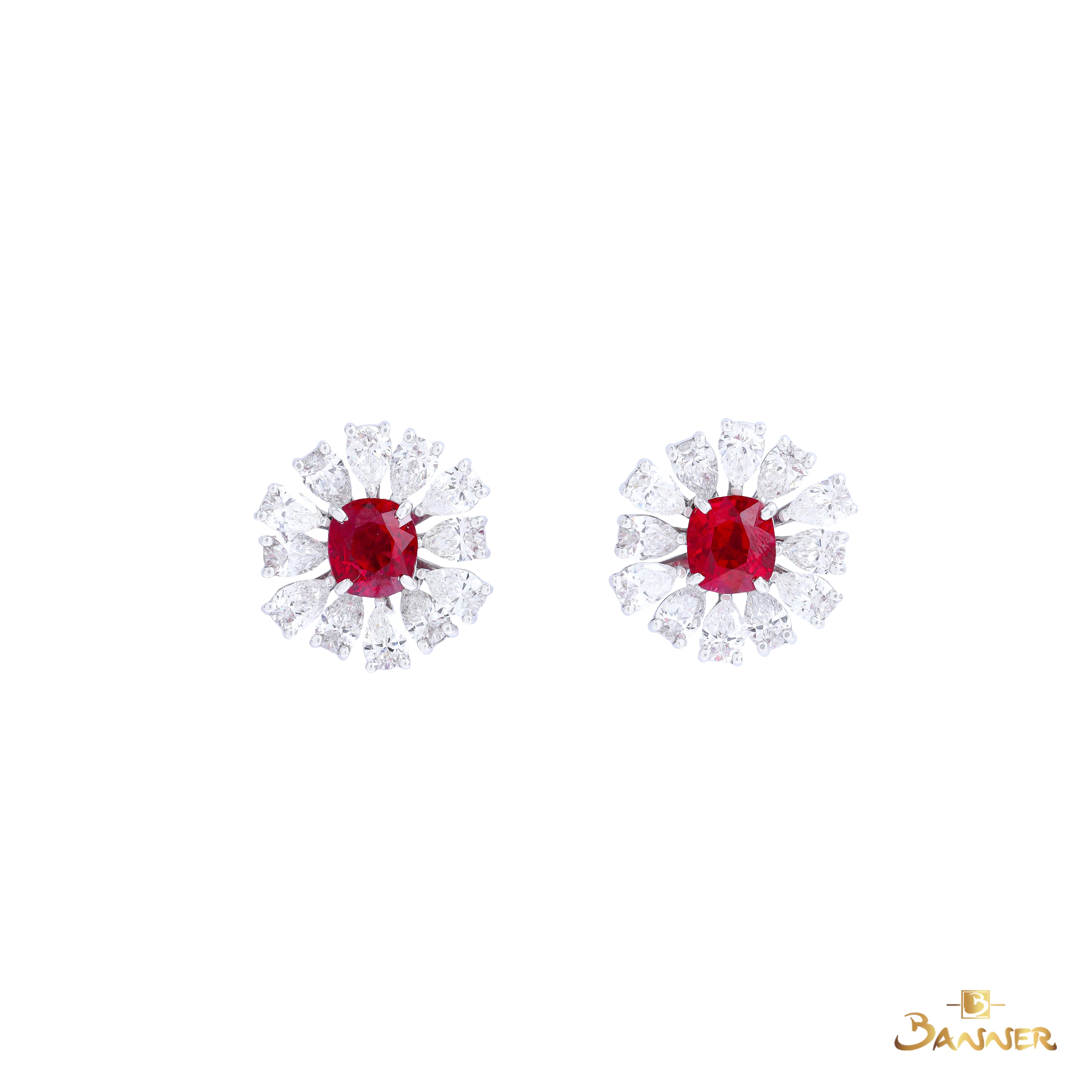 Ruby and Pear-shaped Diamond Halo Earrings