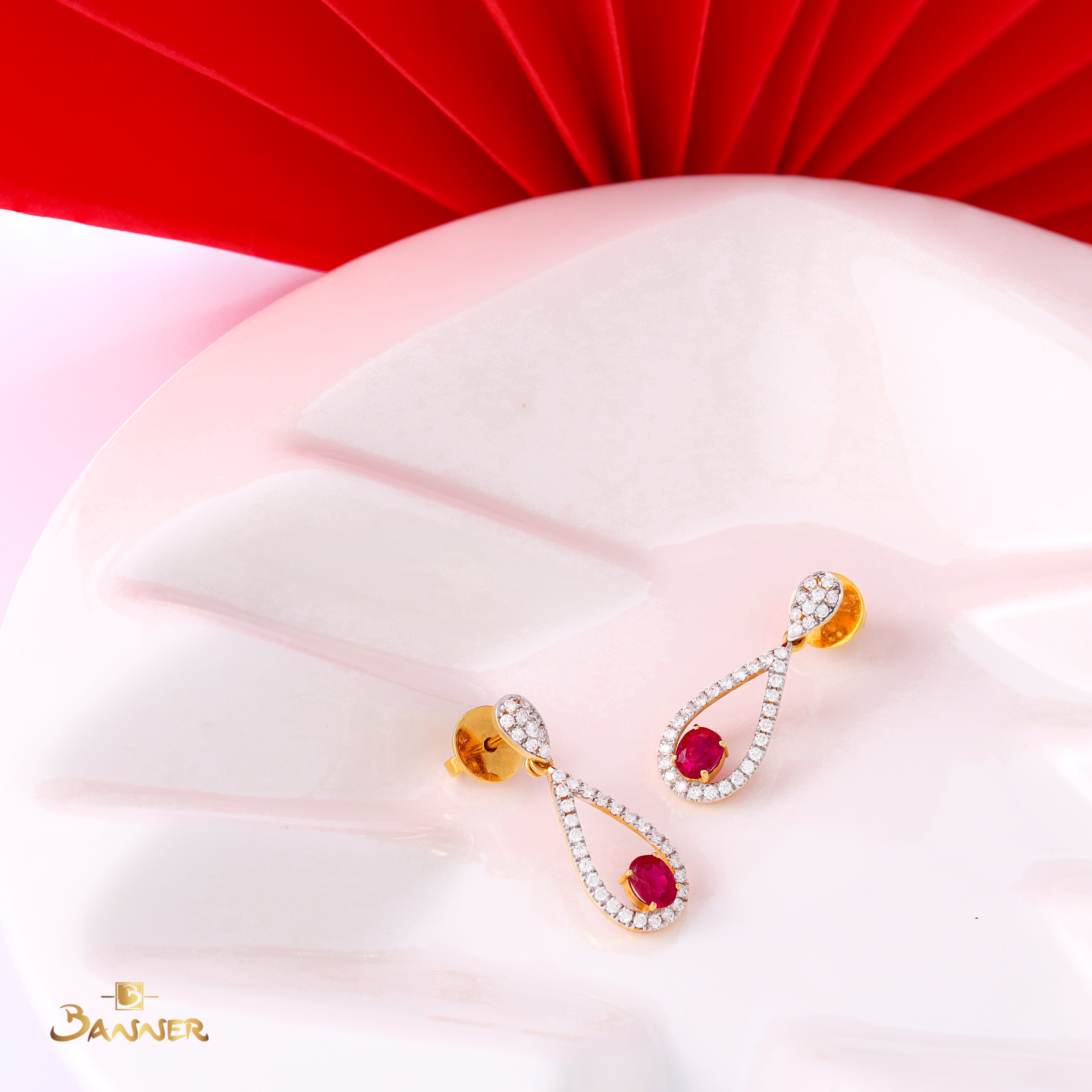 Ruby and Diamond Rain Drop Dangle Earrings
