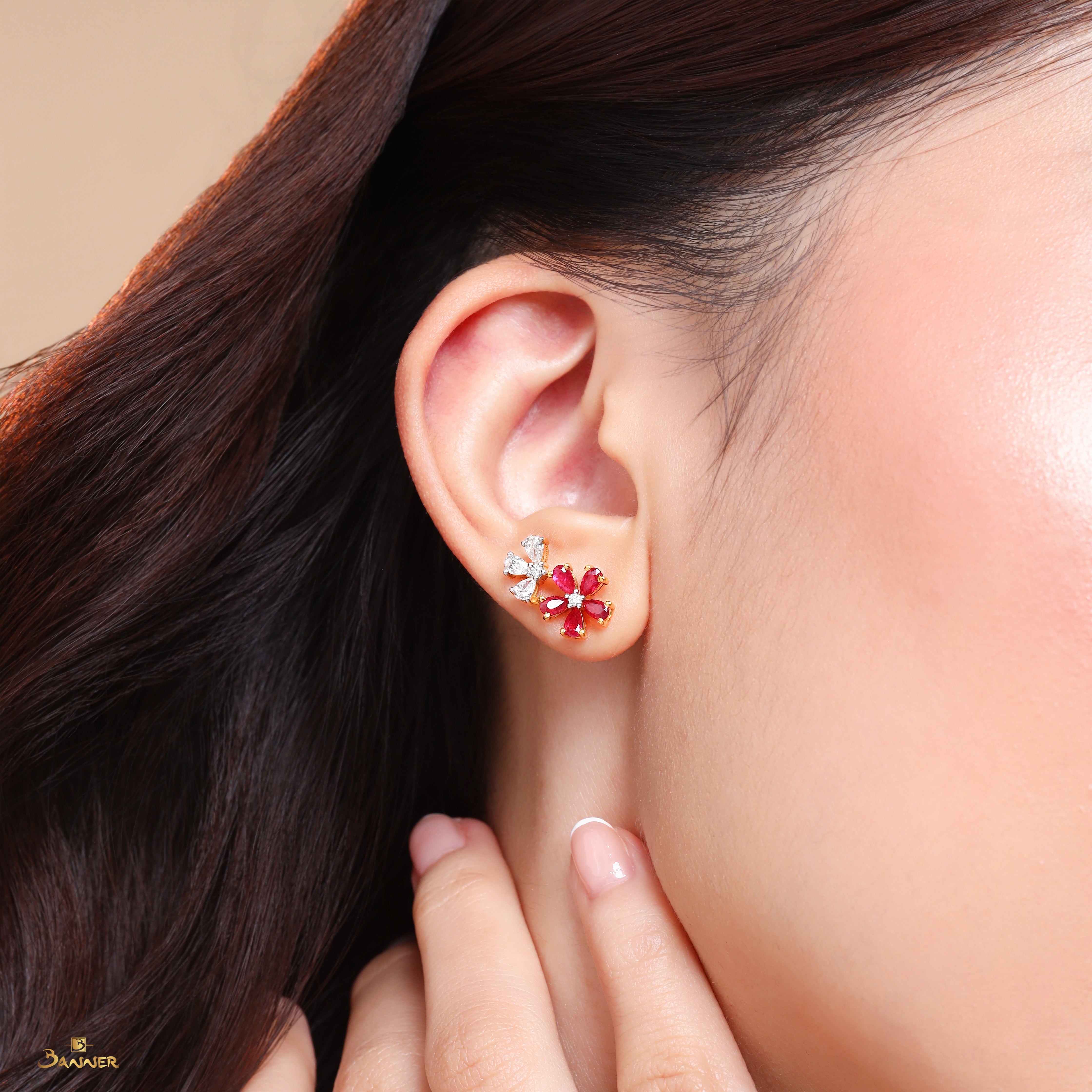 Ruby and Diamond Floral Earrings