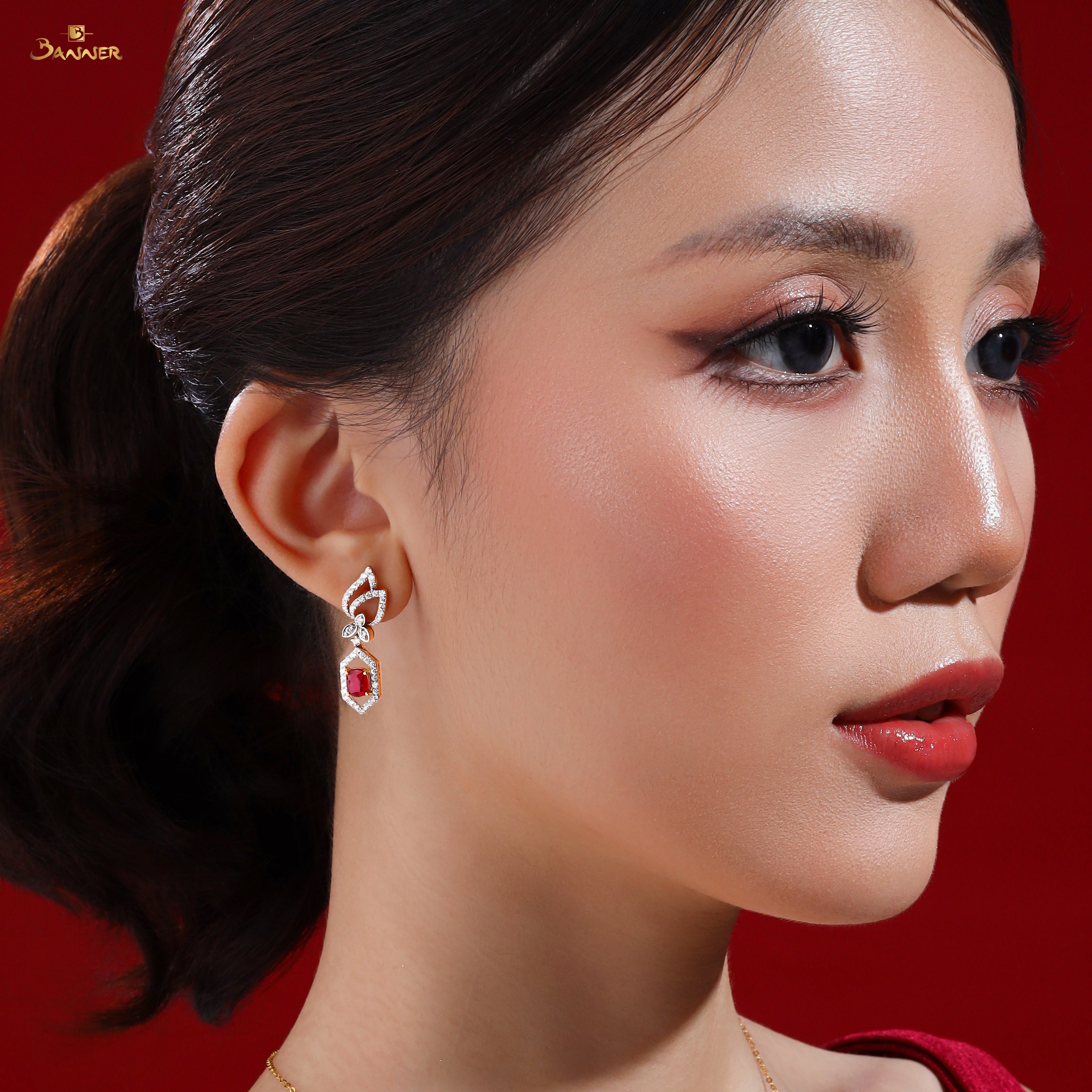 Ruby and Diamond Hexagonal Earrings
