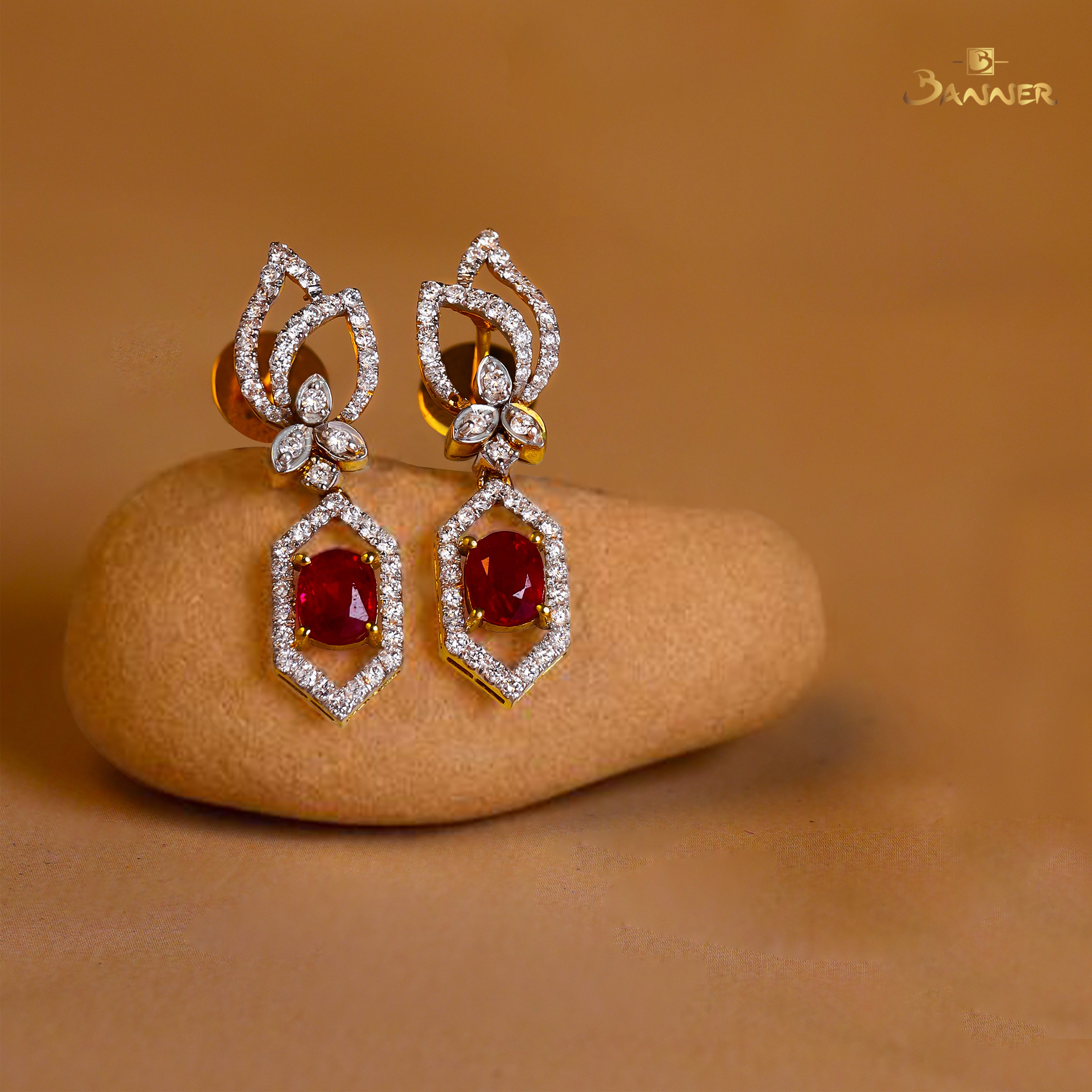 Ruby and Diamond Hexagonal Earrings