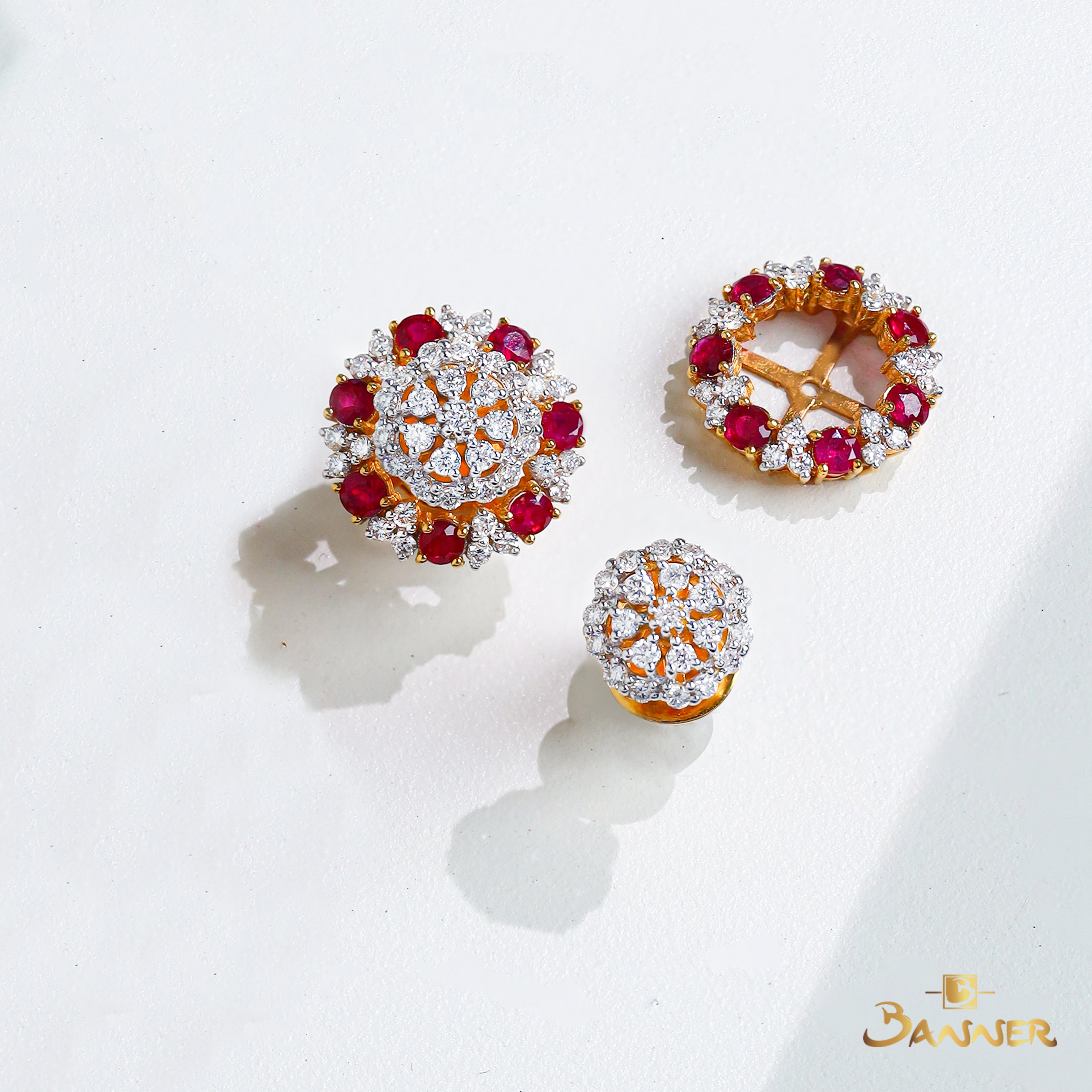 Ruby and Diamond Blossom 2-way Earrings
