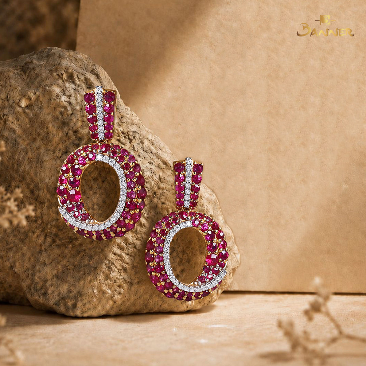 Ruby and Diamond Wave Circle Earrings