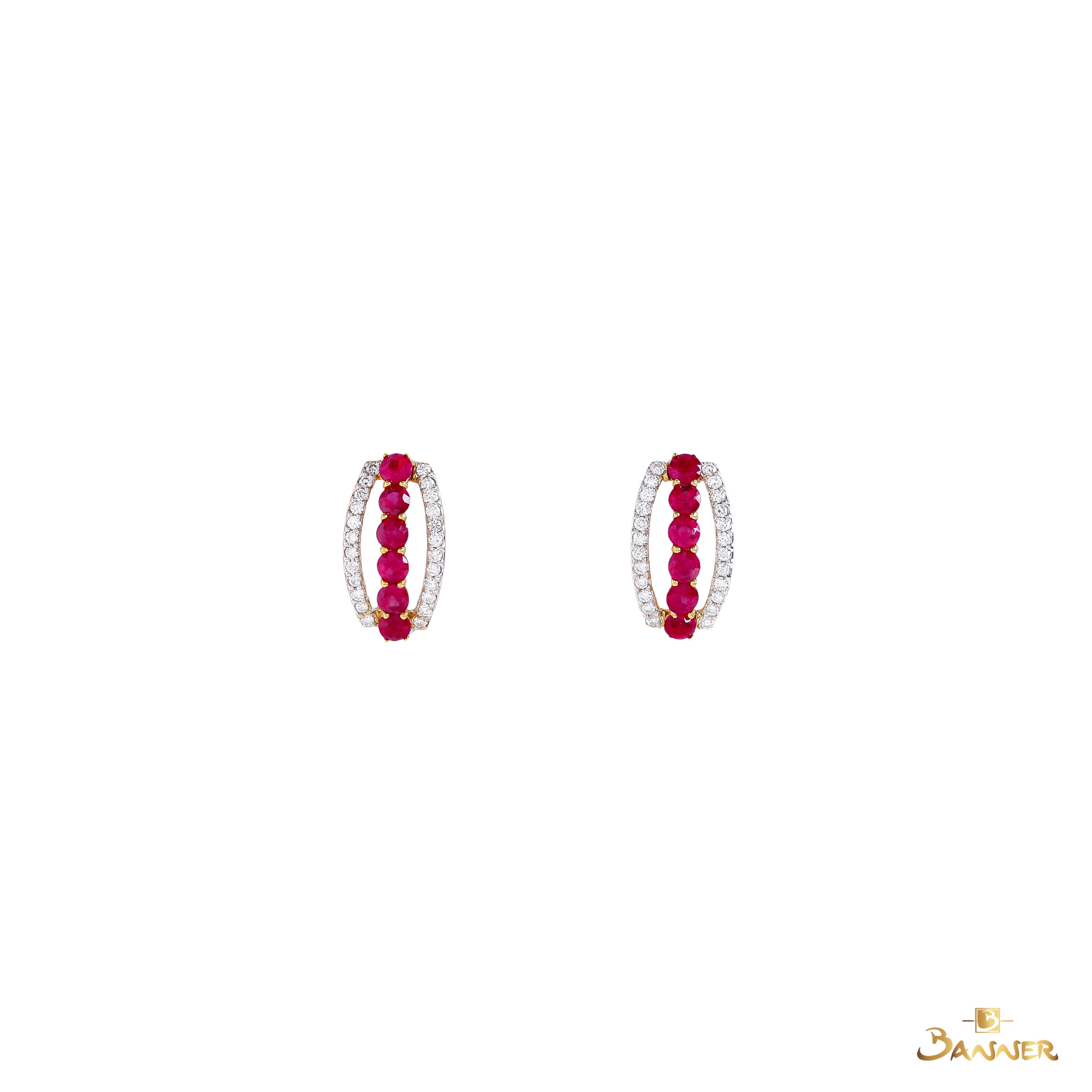 Ruby and Diamond 3 Rows Huggie Earrings