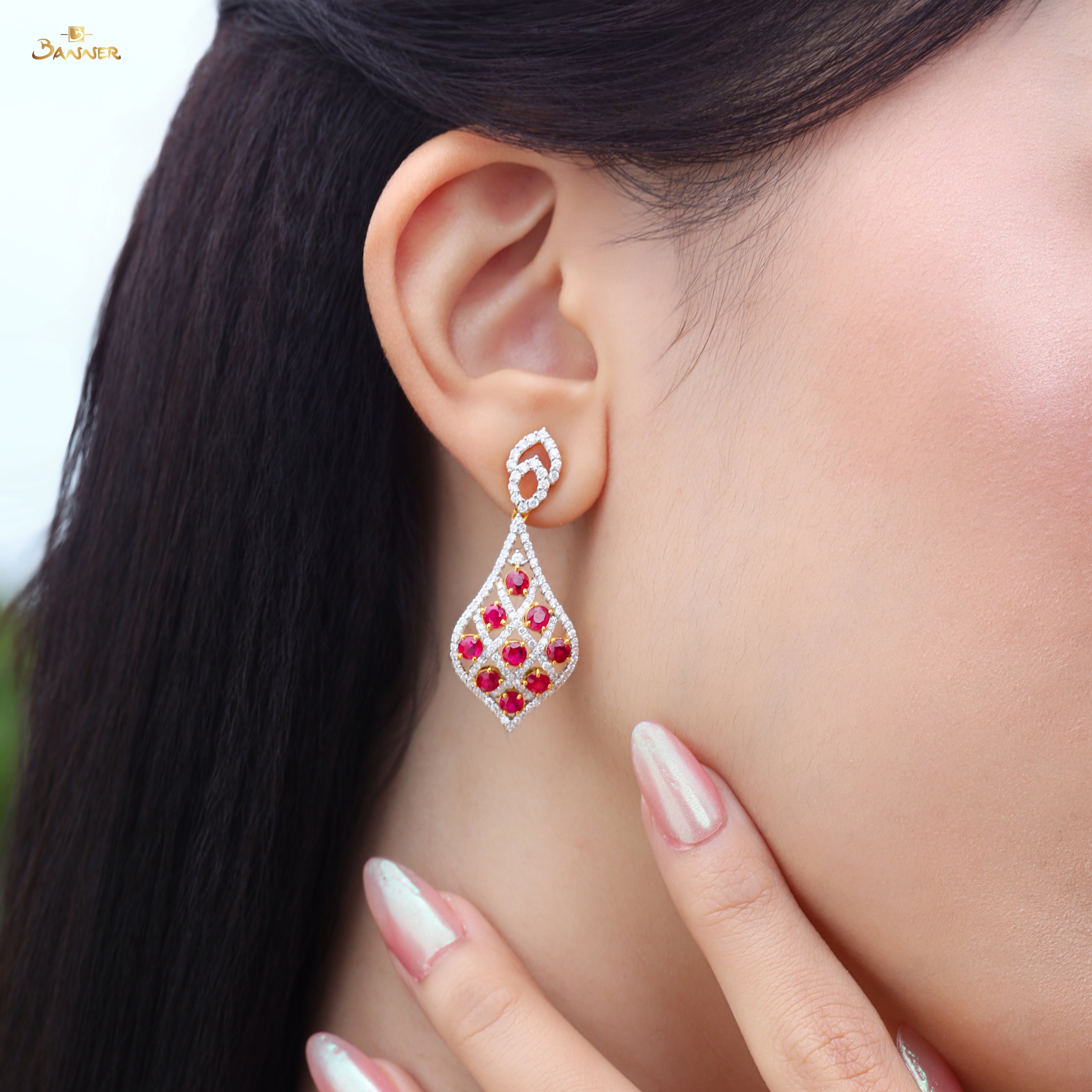 Ruby and Diamond Teardrop Mesh Earrings