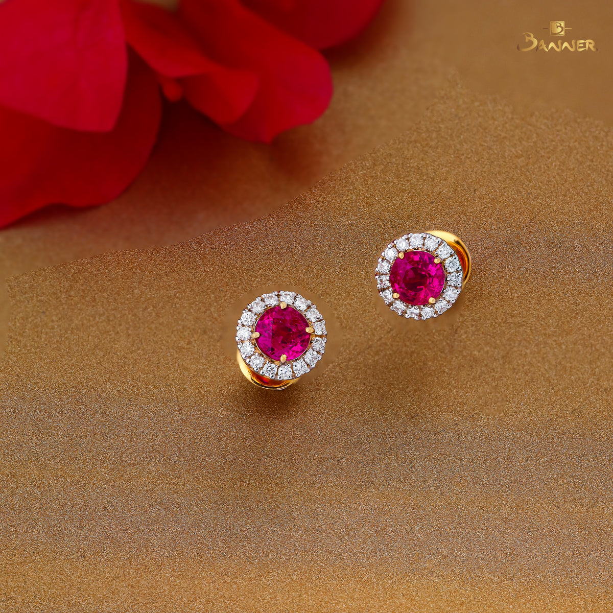 Natutral Mogok Ruby and Diamond Halo Earrings
