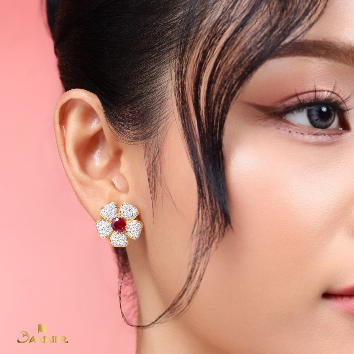Natural Ruby and Diamond Plumeria Floral Earrings