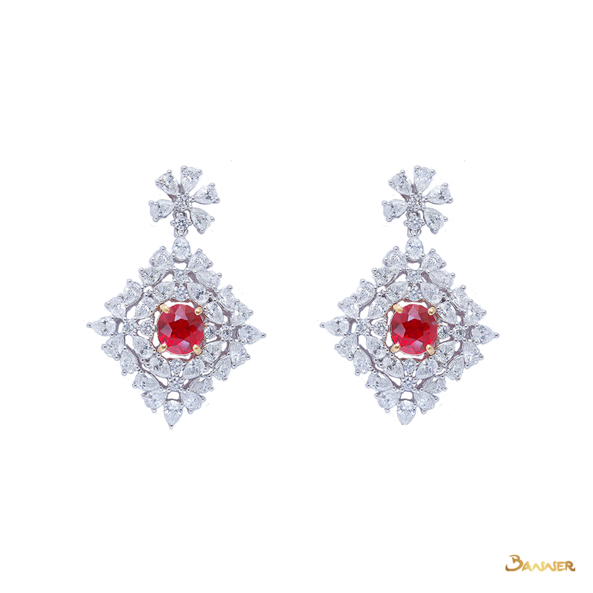 Ruby and Diamond Elegant Design Floral Earrings