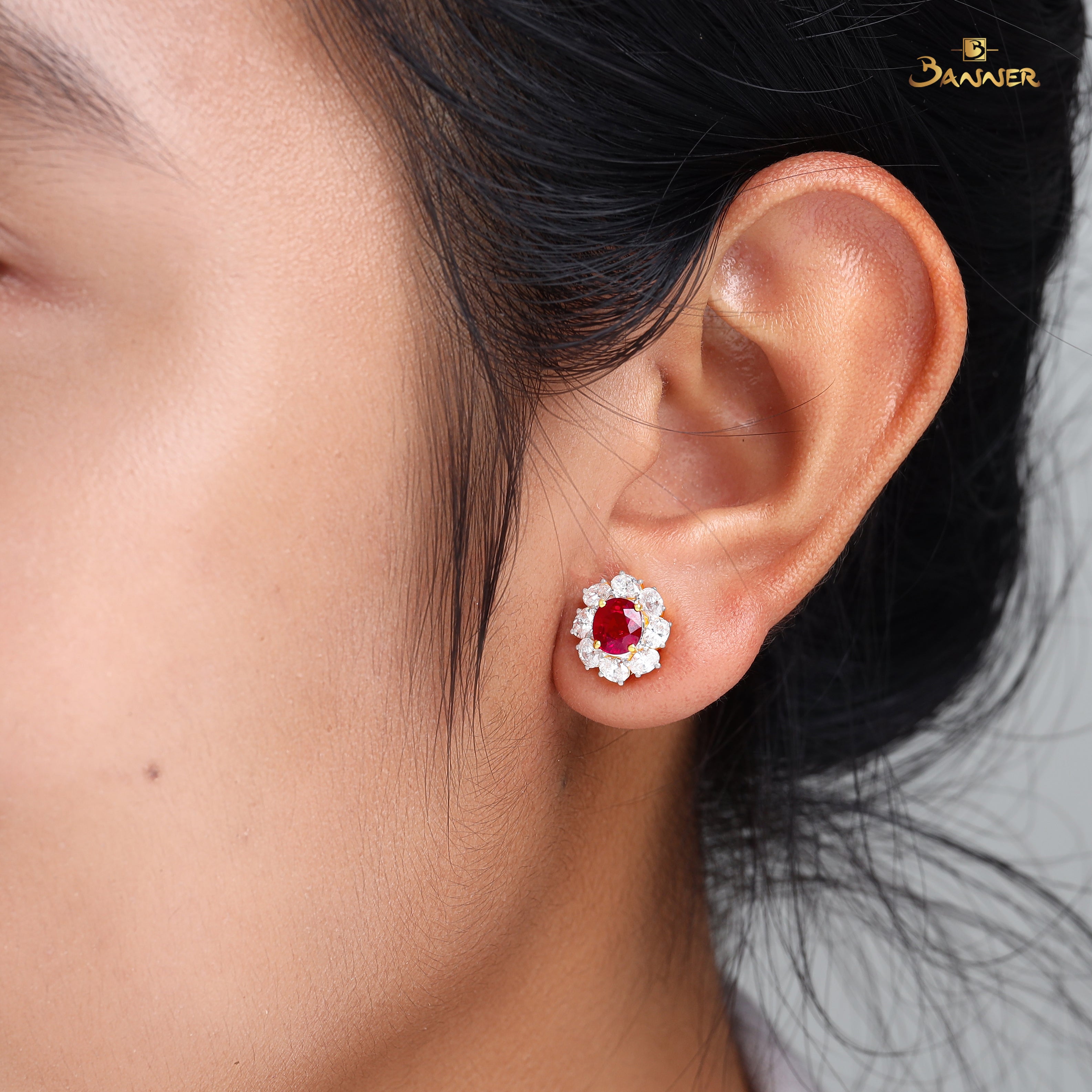 Ruby and Oval Diamond Halo Earrings