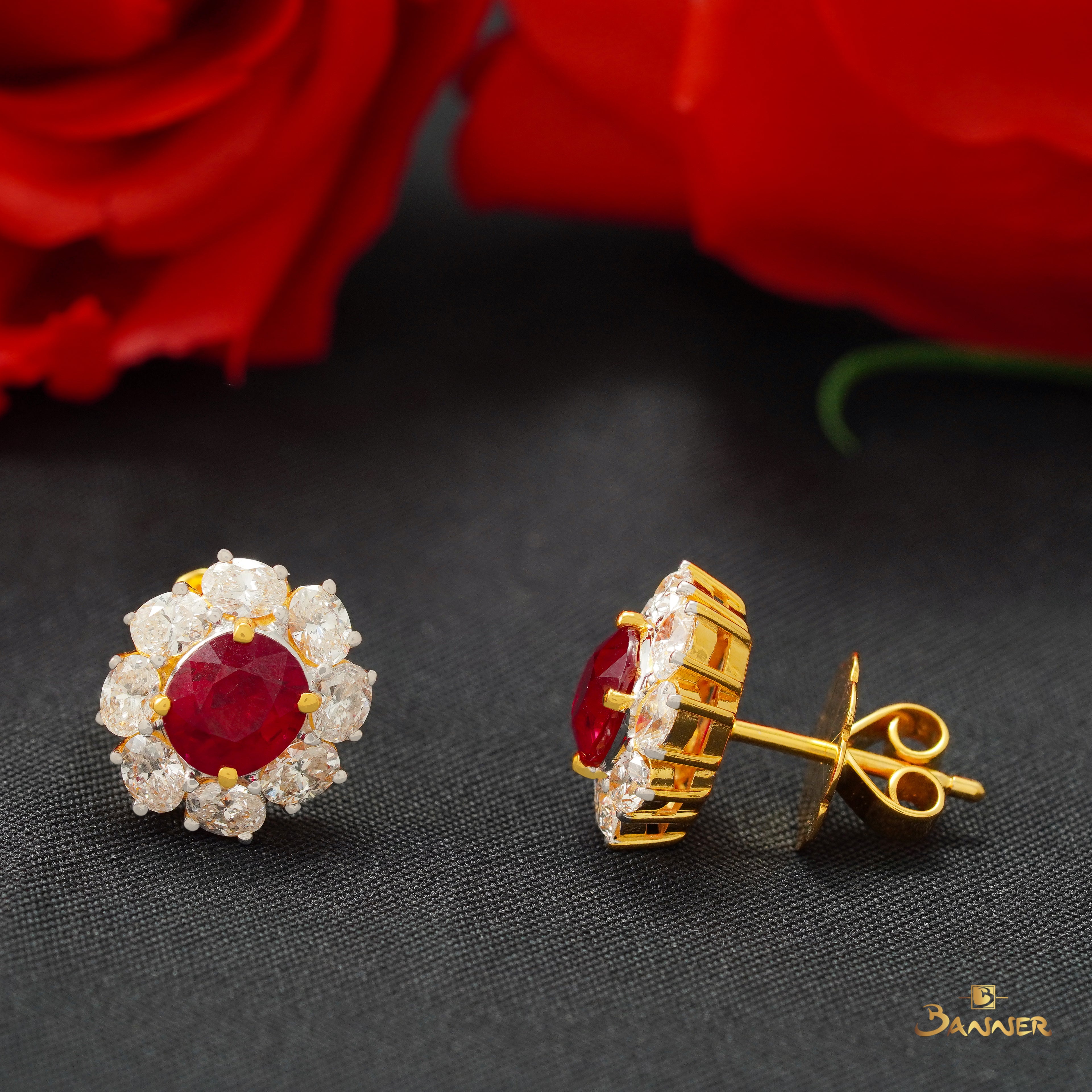 Ruby and Oval Diamond Halo Earrings