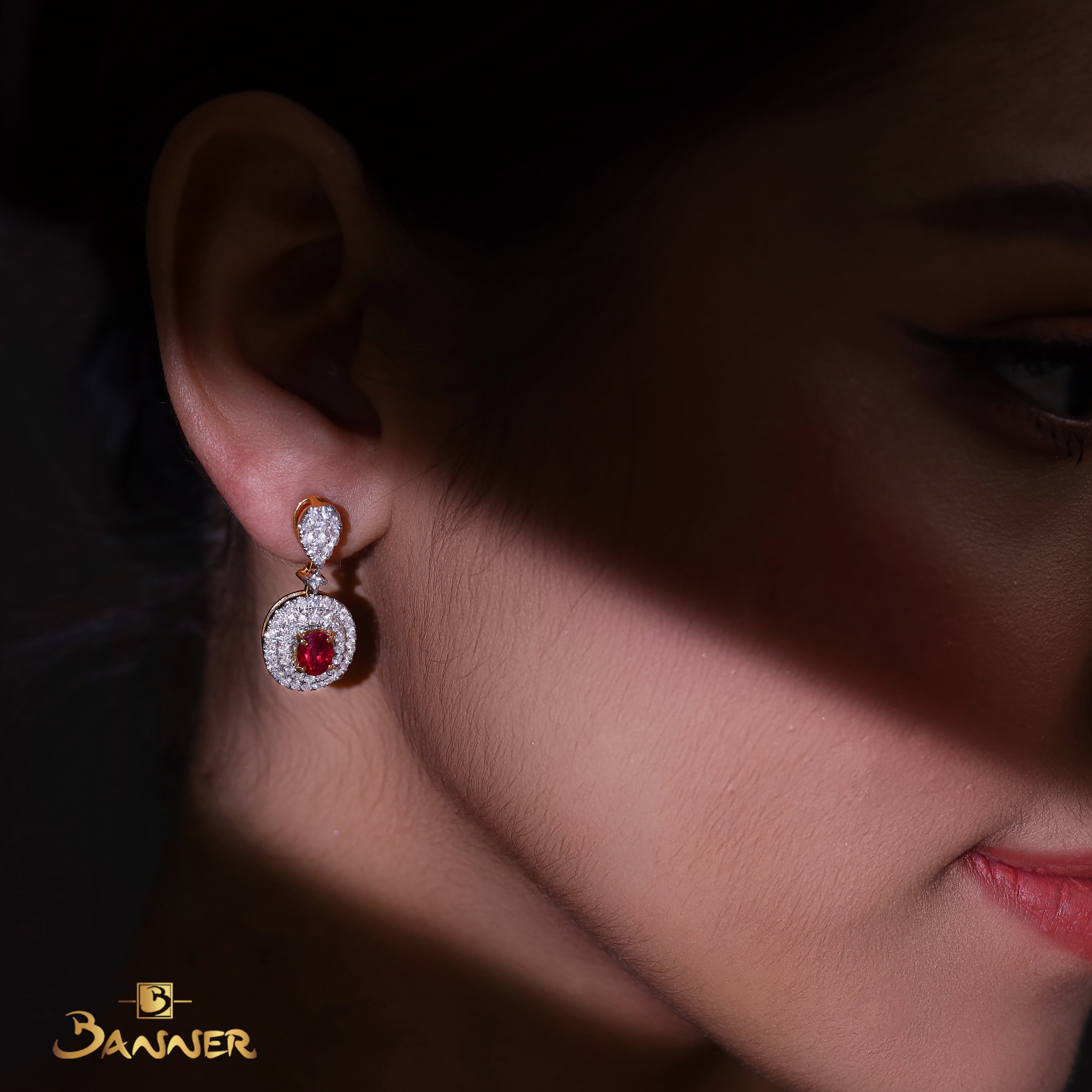 Ruby Double Halo Dangling Earrings