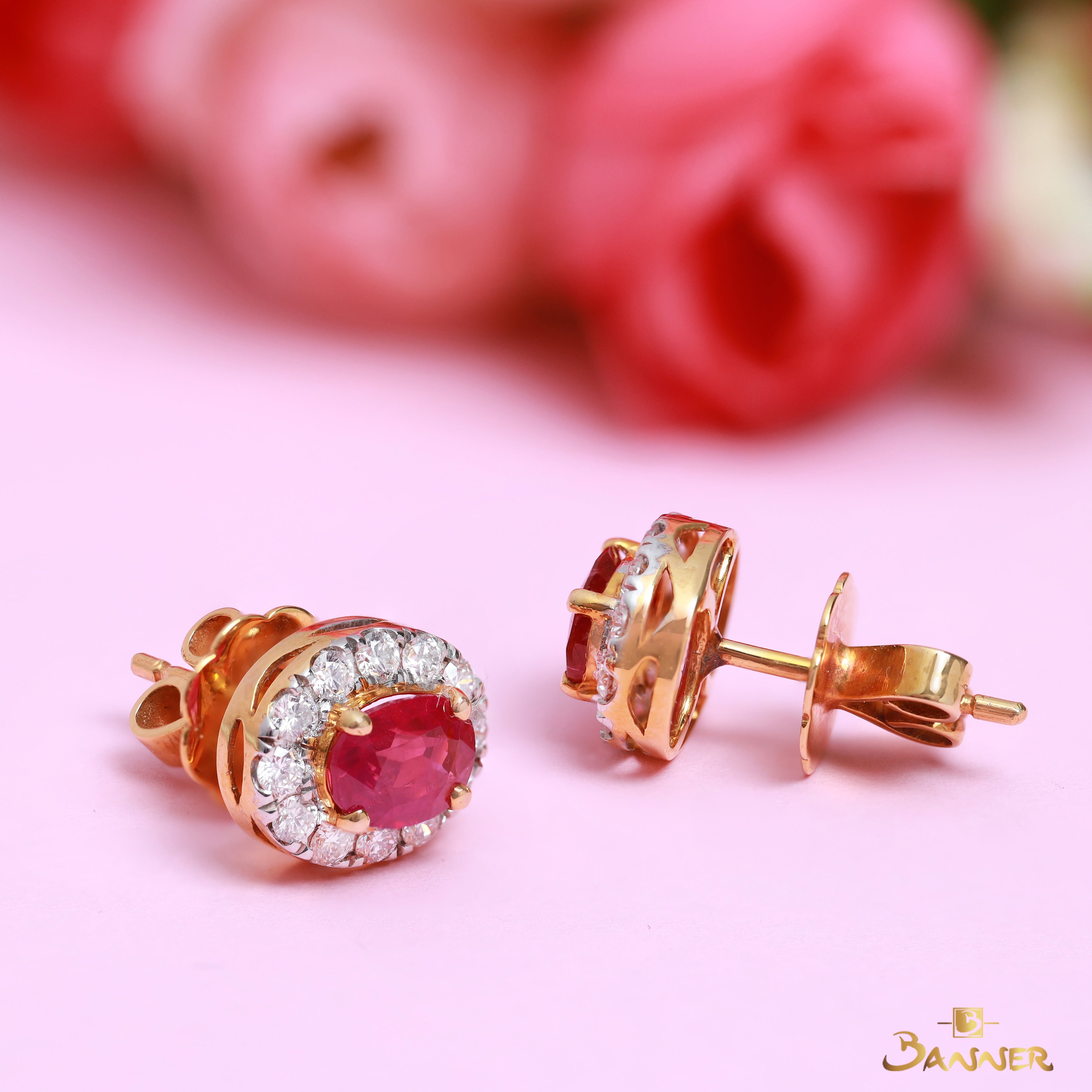 Natural Mingshue Ruby and Diamond Halo Earrings