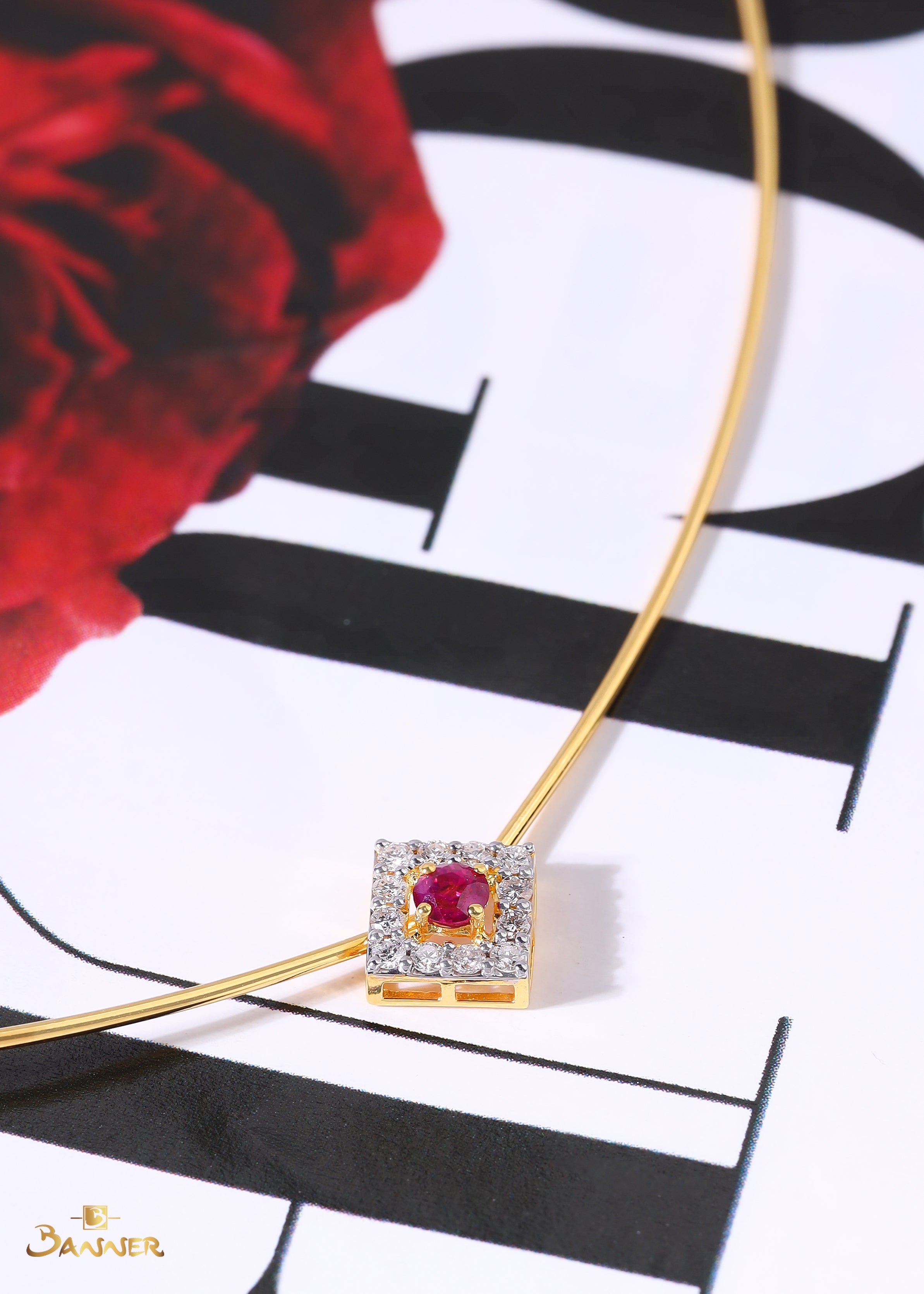 Ruby and Diamond Halo Bangle Necklace