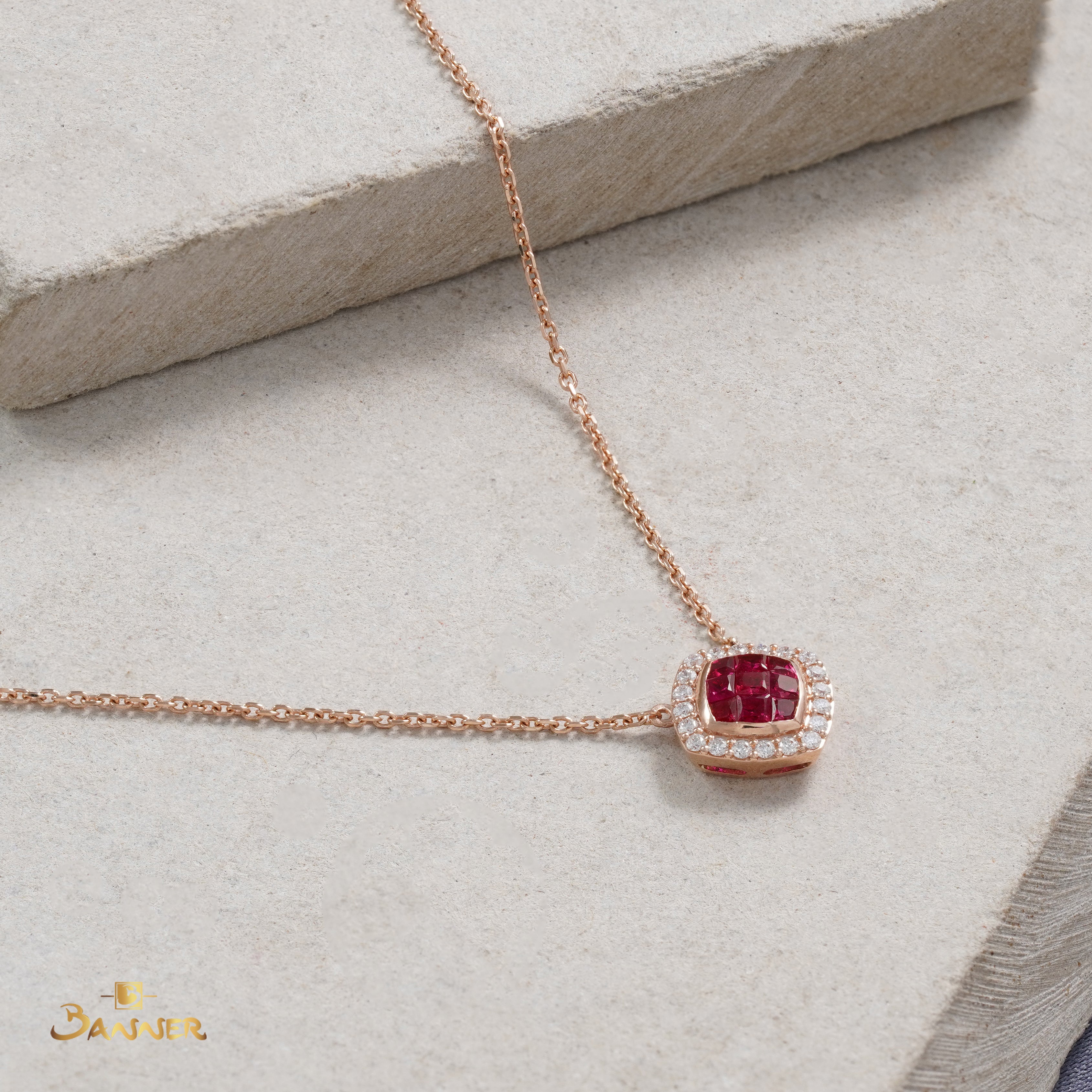 Ruby and Diamond Halo Necklace
