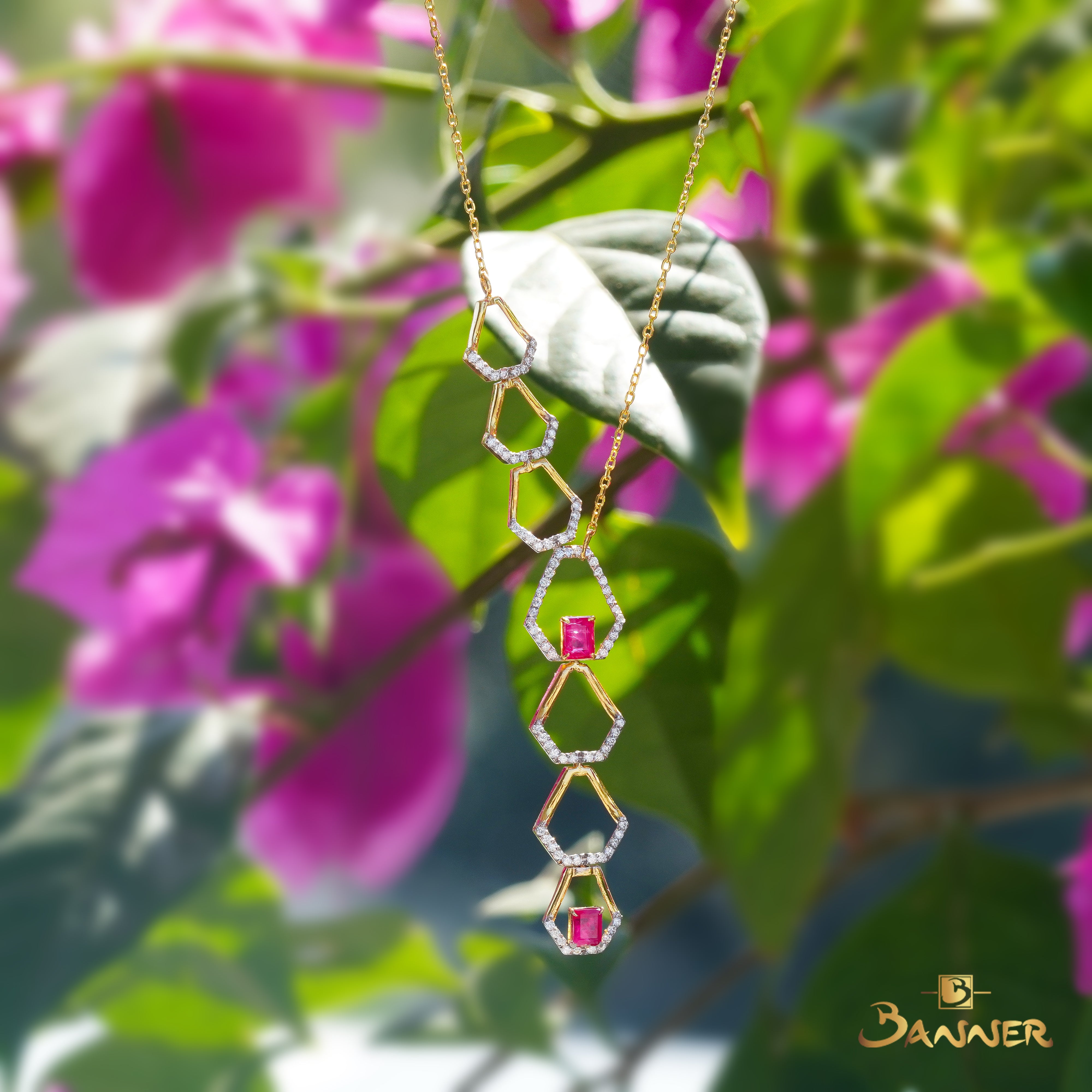 Ruby and Diamond Vertex Dangle Necklace