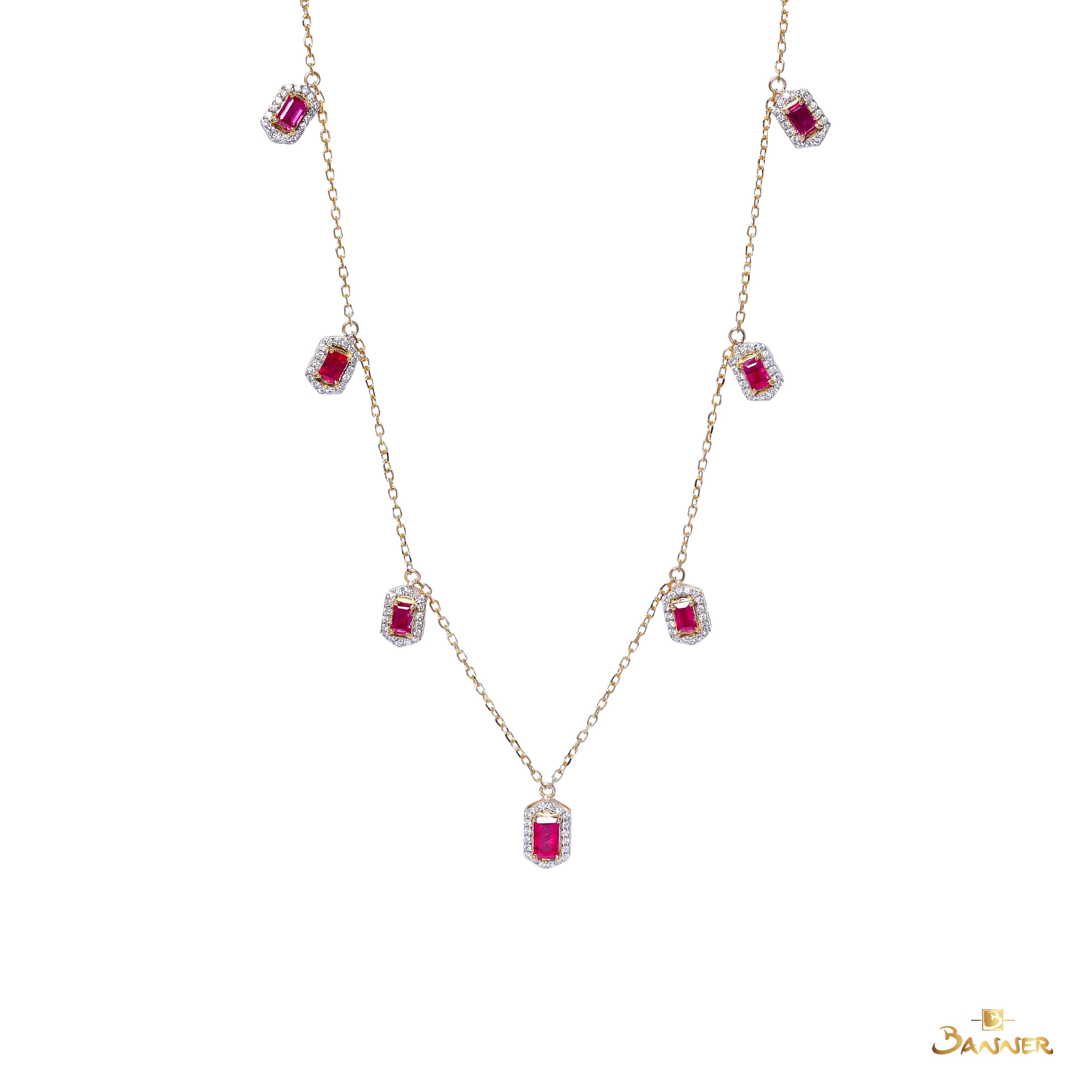 Ruby and Diamond Halo Dangle Necklace