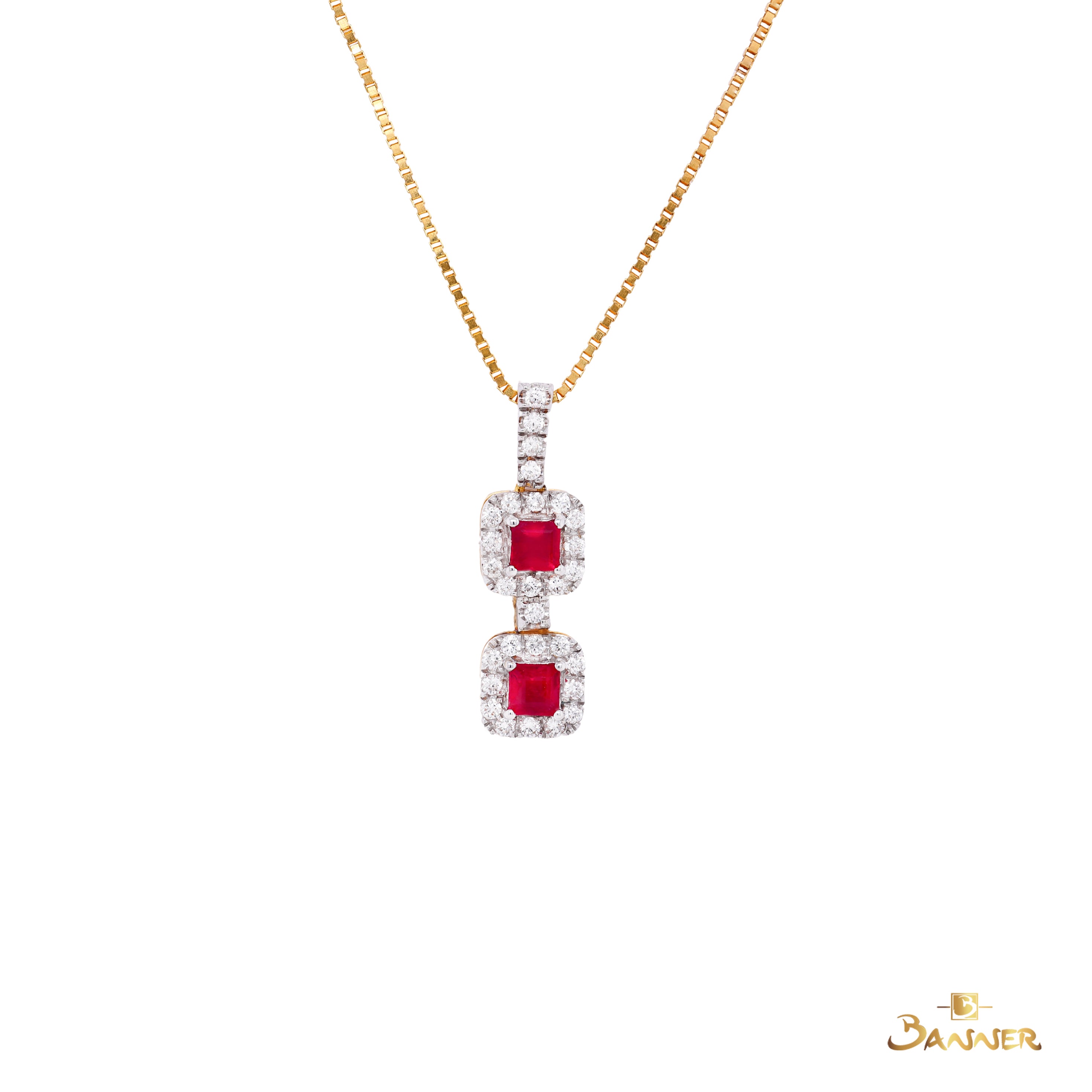 Emerald-cut Ruby and Diamond 2-Step Halo Pendant