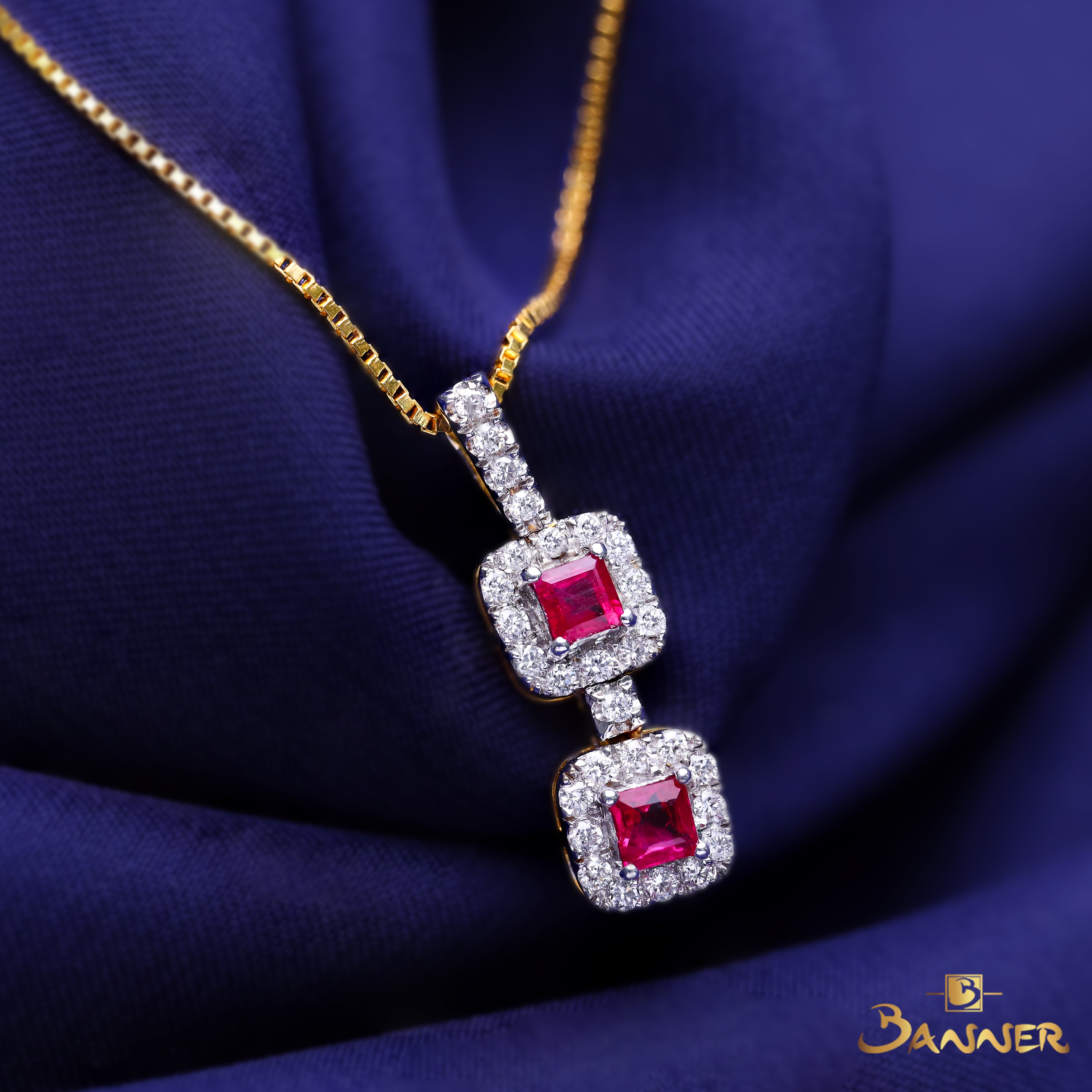 Emerald-cut Ruby and Diamond 2-Step Halo Pendant