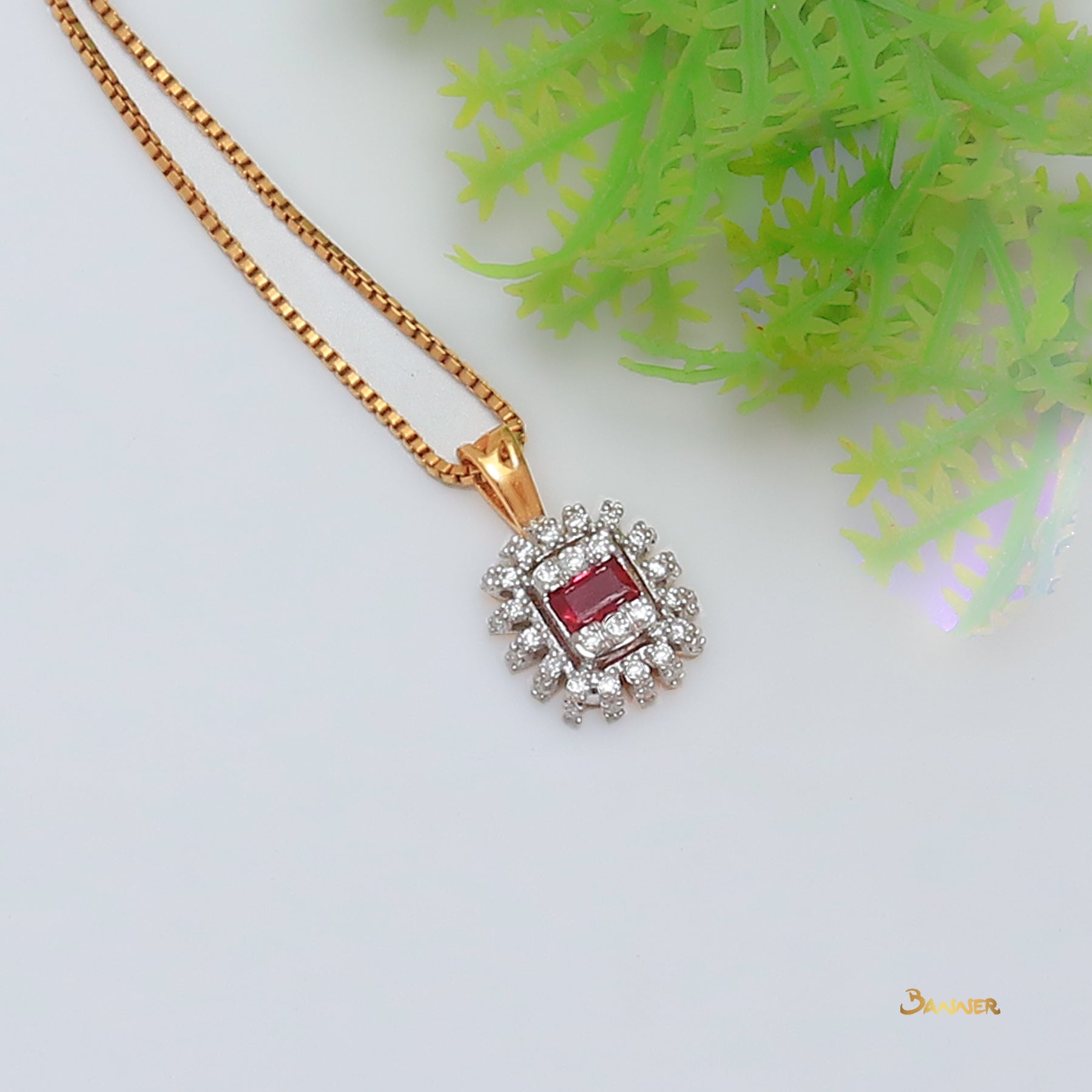 Emerald cut Ruby and Diamond Pendant