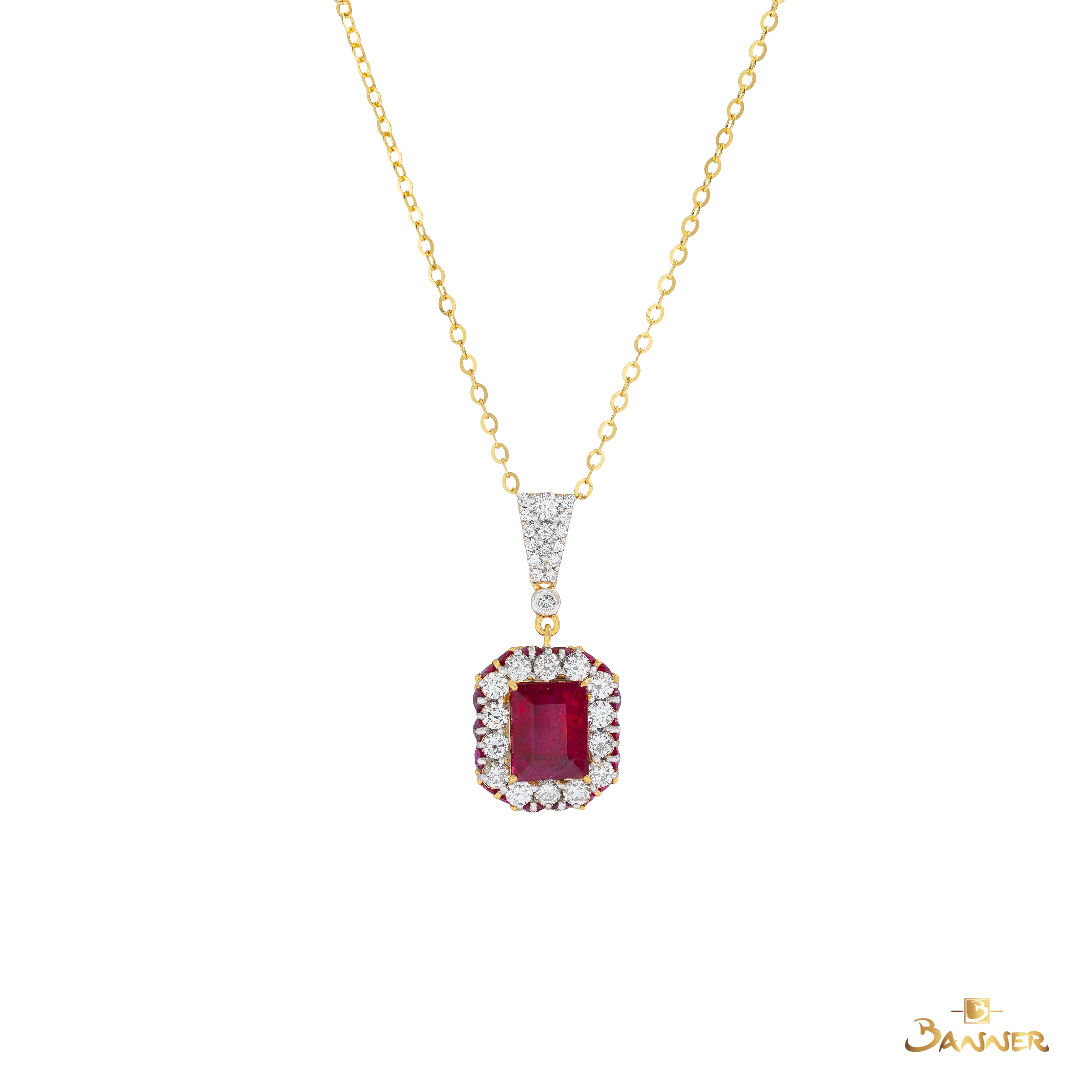 Emerald-cut Ruby and Diamond Dahlia Pendant