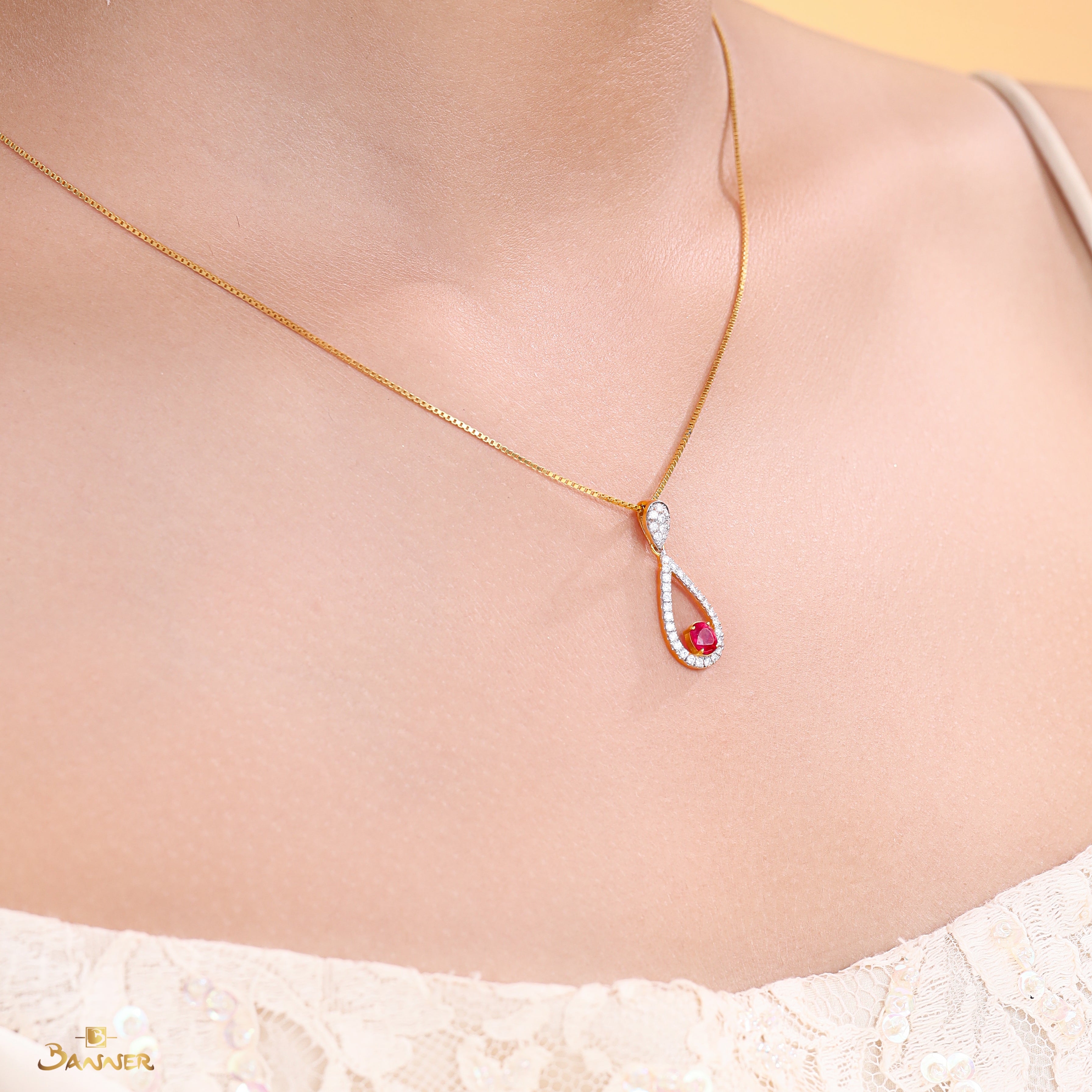 Ruby and Diamond Rain Drop Dangle Pendant