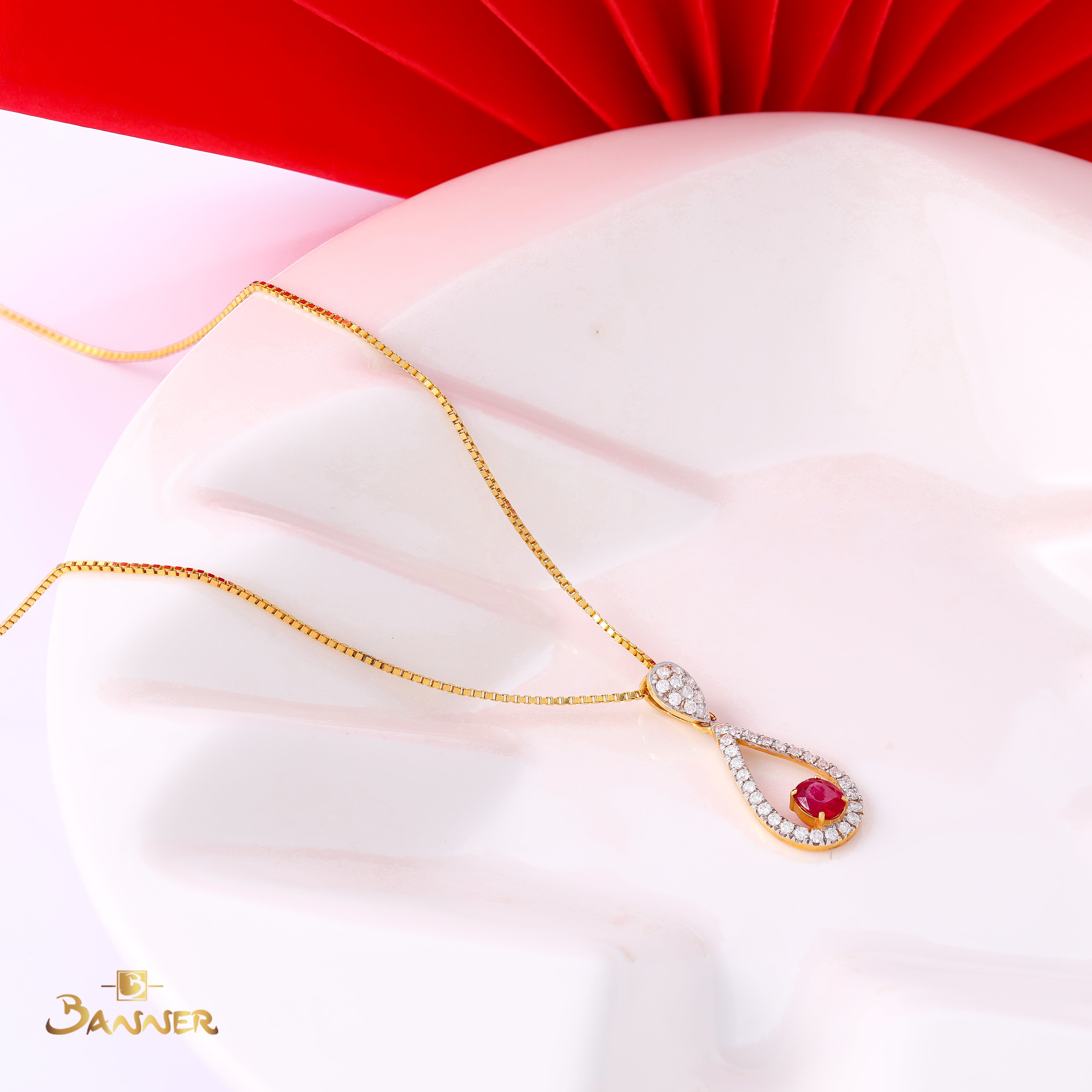 Ruby and Diamond Rain Drop Dangle Pendant